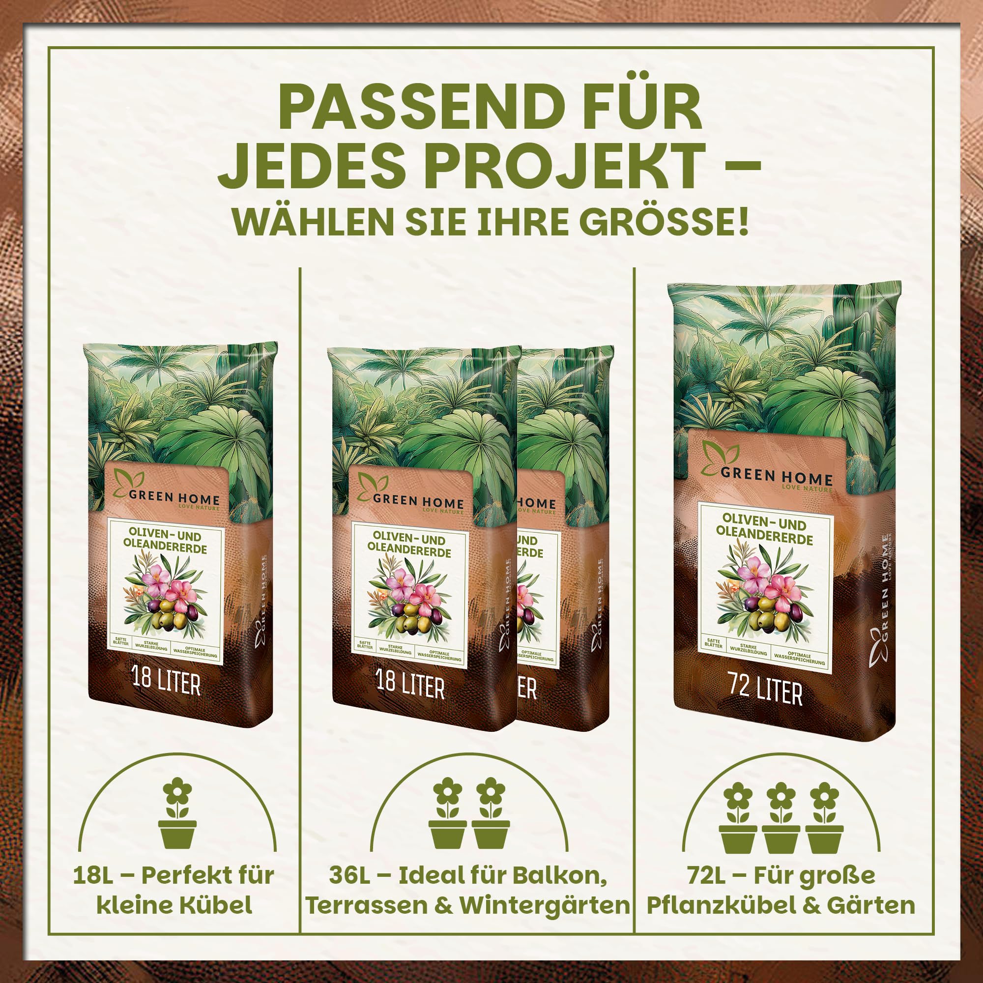 Green Home Olivenbaum- & Oleandererde 72L - Pflanzerde für Olivenbäume & Mediterrane Pflanzen | Erde mit Langzeitdünger | Perlite, Kokosfasern & Rindenhumus | Für Kübel, Hochbeet & Garten, pH 5,8