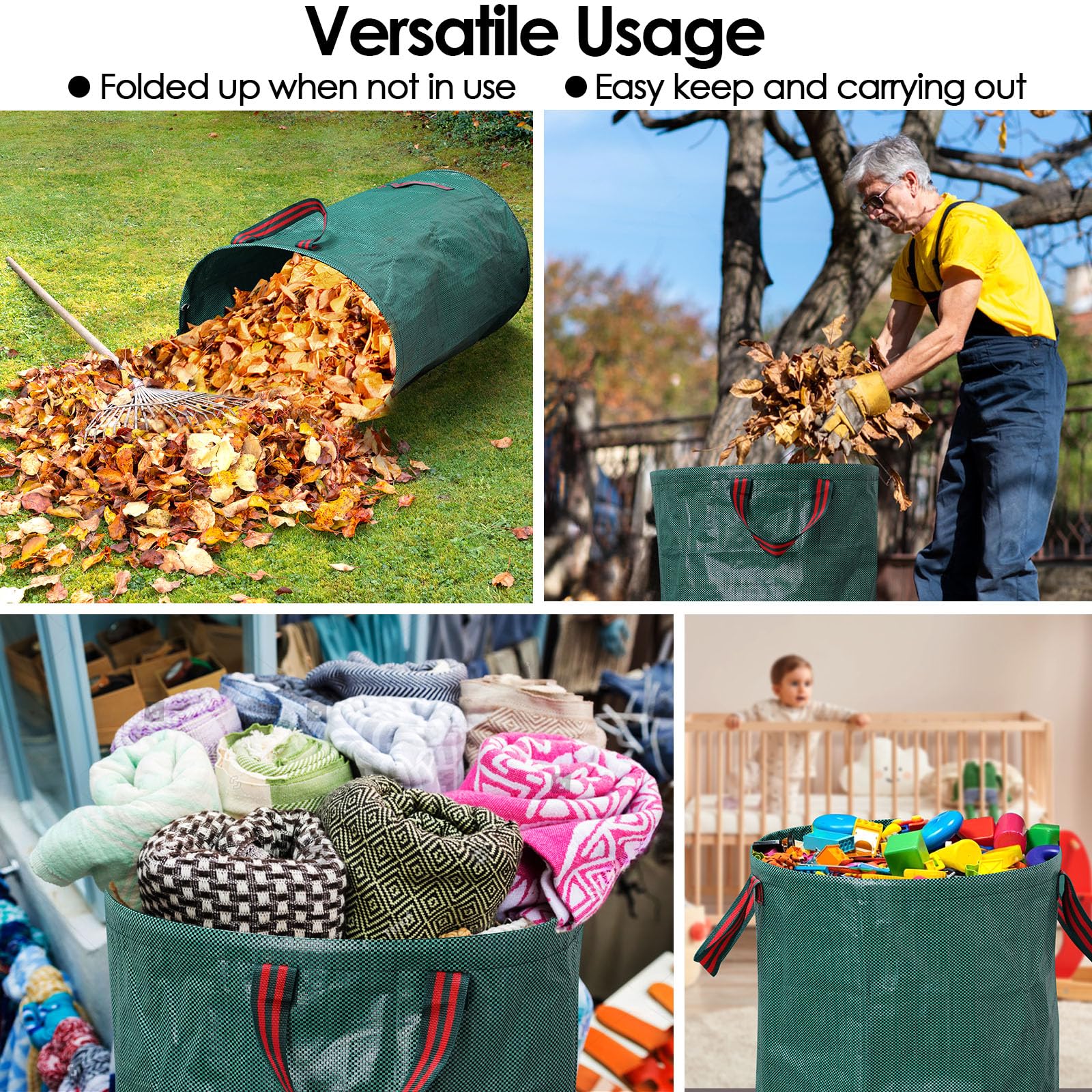 Confezione da 3 sacchetti per rifiuti da giardino, riutilizzabili, resistenti, pieghevoli, con anello in plastica, con guanti da giardinaggio, cestino per rifiuti da cortile, per foglie, detriti del