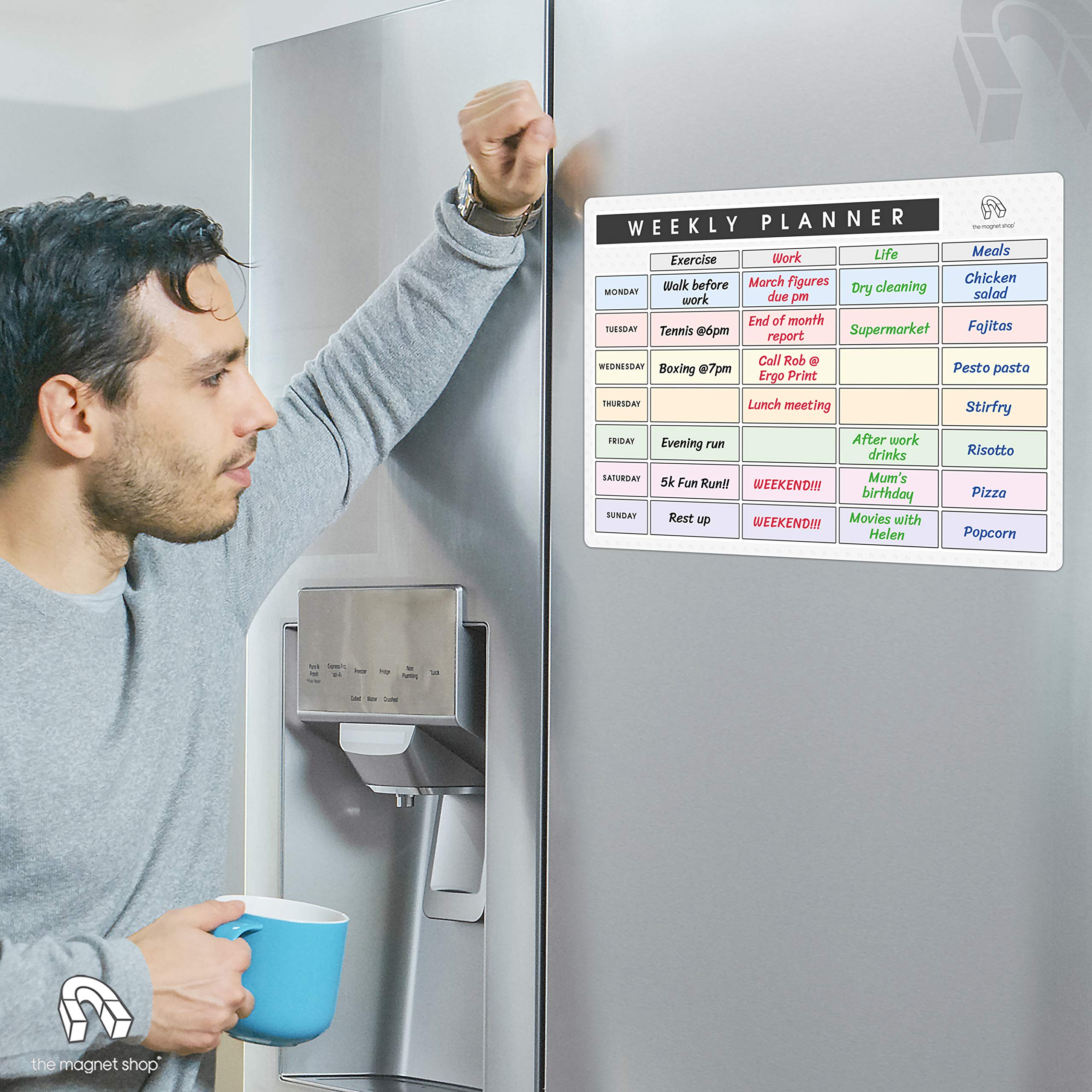The Magnet Shop A3 Magnetische weekplanner en organizer, droog uitwisbaar whiteboard voor familie, bedrijf en maaltijdplanning, met 4 magnetische droogwispen en wisser (meerkleurig stijl 1 Premium A3