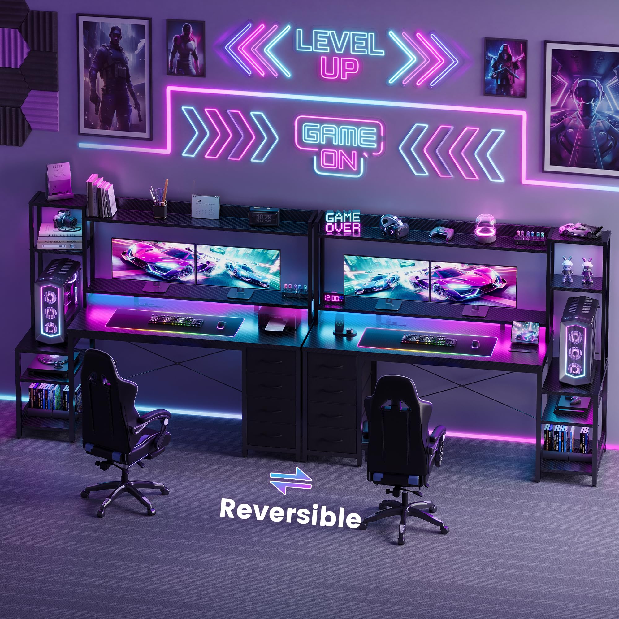YOUDENOVA Scrivania da gioco con cassetti e ripiano, 150 x 48 cm, tavolo da gaming con LED, presa e USB, scrivania per computer con supporto per monitor, ripiani e supporto per cuffie, fibra di