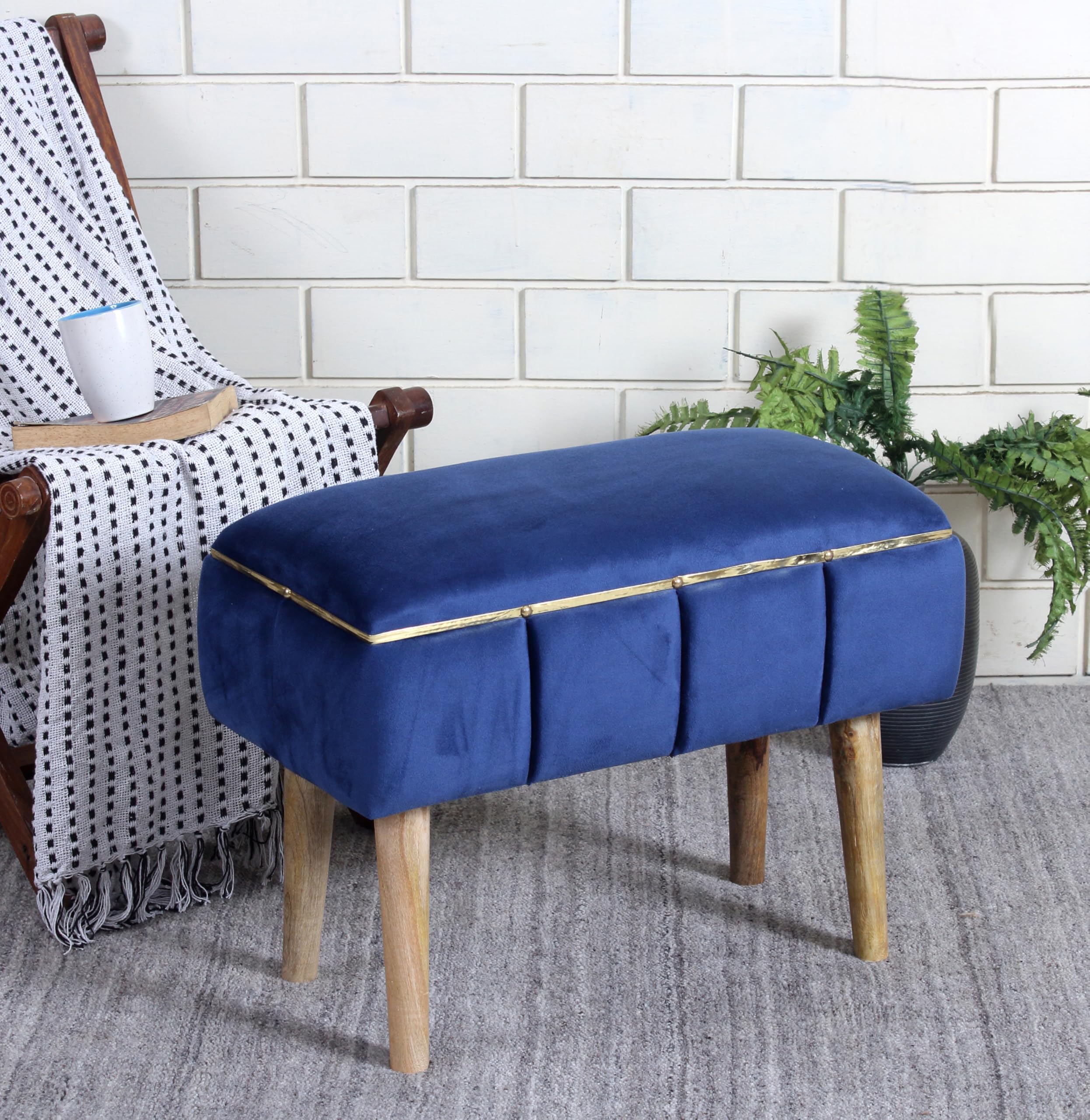 Velvet Upholstered Rectangular Ottoman Bench with Wooden Legs & Gold Accent Strip | Multipurpose Footrest & Seating Stool for Living Room, Bedroom & Dressing Area | 60x45x30 cm | Royal Blue