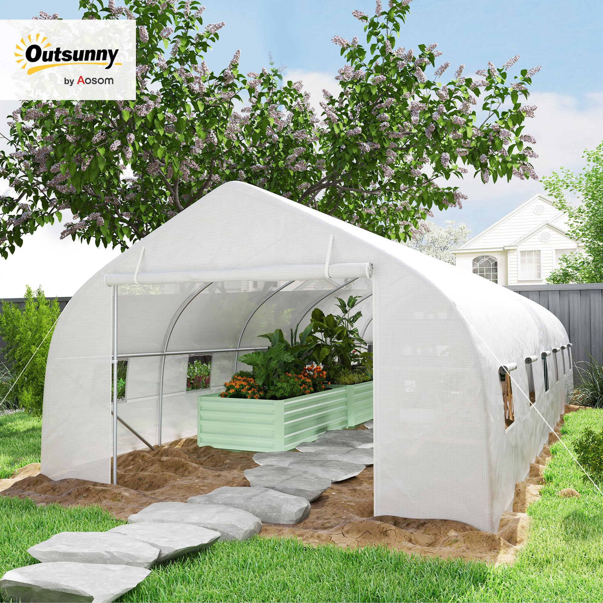 Outsunny Serre de Jardin Tunnel 24 ㎡ Grande Taille 8 x 3 x 2 m avec bâche PE Cadre en Acier galvanisé Ø 24 mm Porte Enroulable et 12 fenêtres Blanc