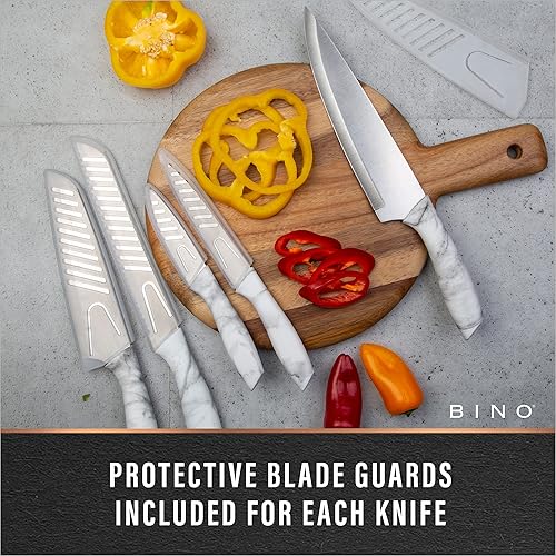 Miniatura 5 de BINO Juego de cuchillos de cocina de acero inoxidable de 5 piezas con funda mármol  cuchillo para picar  cuchillo dentado  cuchillo Santoku