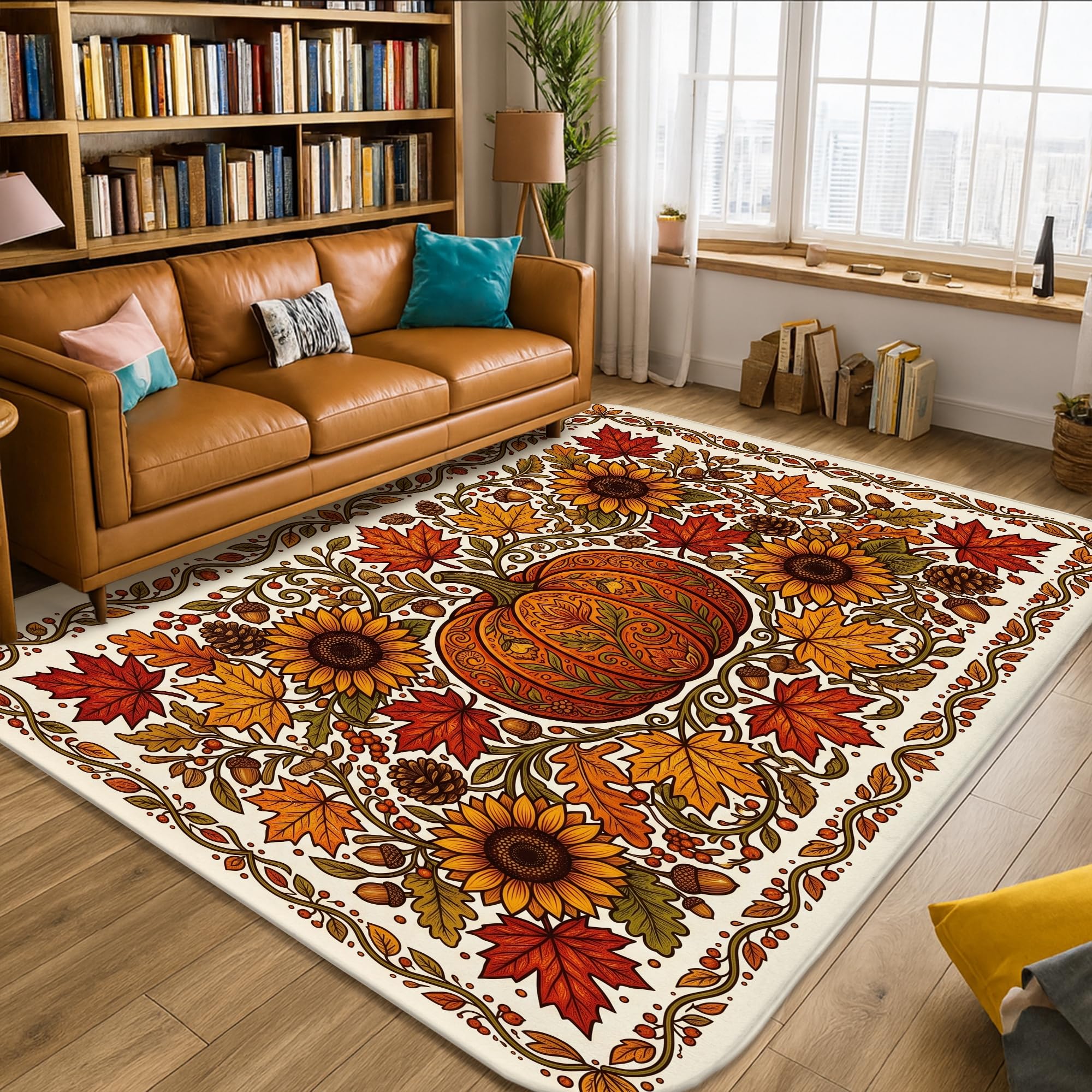 Alfombra estética de girasol naranja otoñal lavable y resistente para el hogar