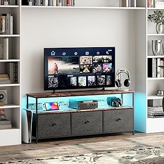 Meuble TV avec LED, 3 tiroirs en tissu, compartiments ouverts, bois, meuble TV, 108 cm de long, pour salon, chambre &agrave; coucher, noir