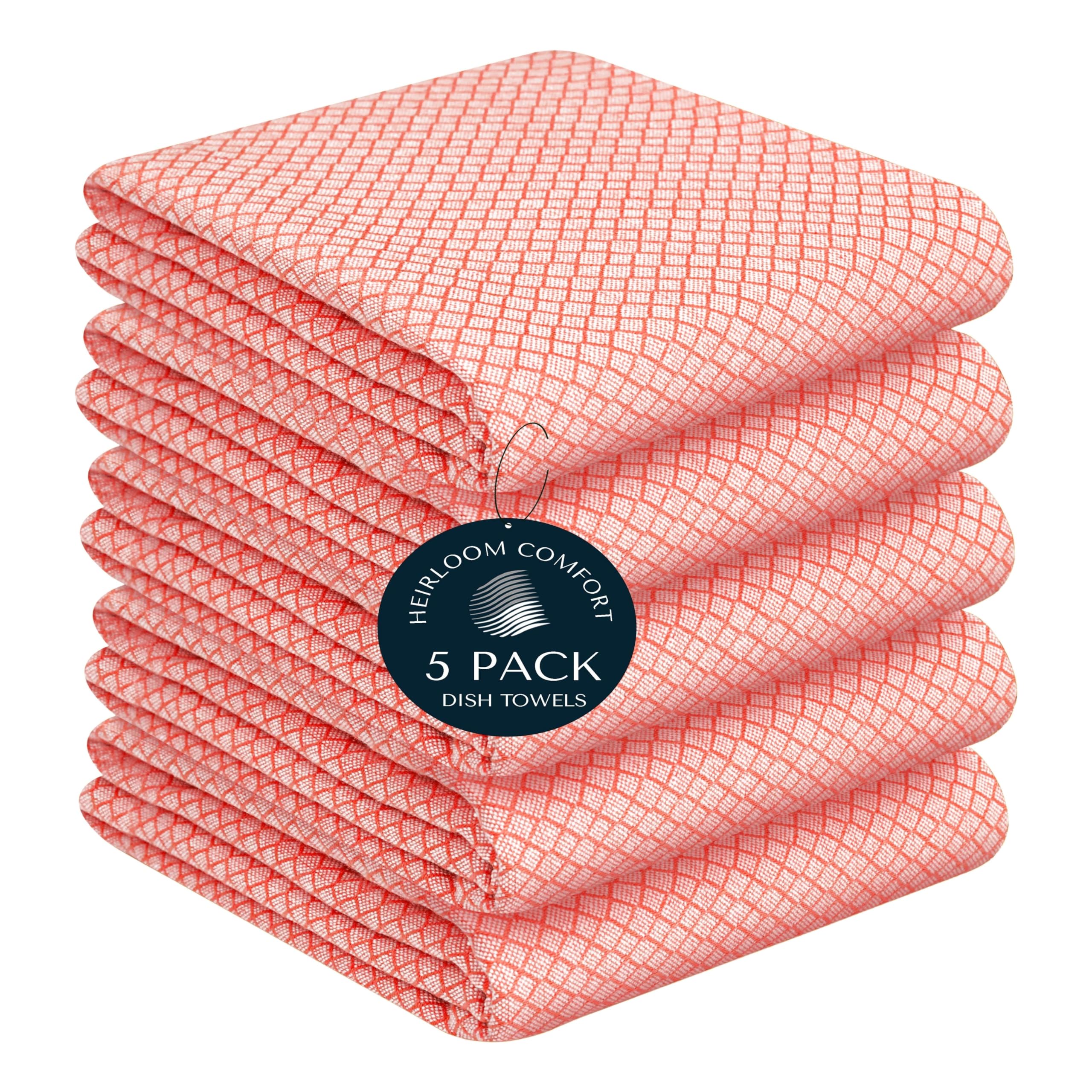 HEIRLOOM COMFORT Orange Honeycomb Kitchen Towels 5 Pack, 40x66 cm, 100% Cotton, Quick Drying, Soft & Absorbent, Reusable, Washable Dish Towels for Drying, Cleaning, Kitchen & Dining Use