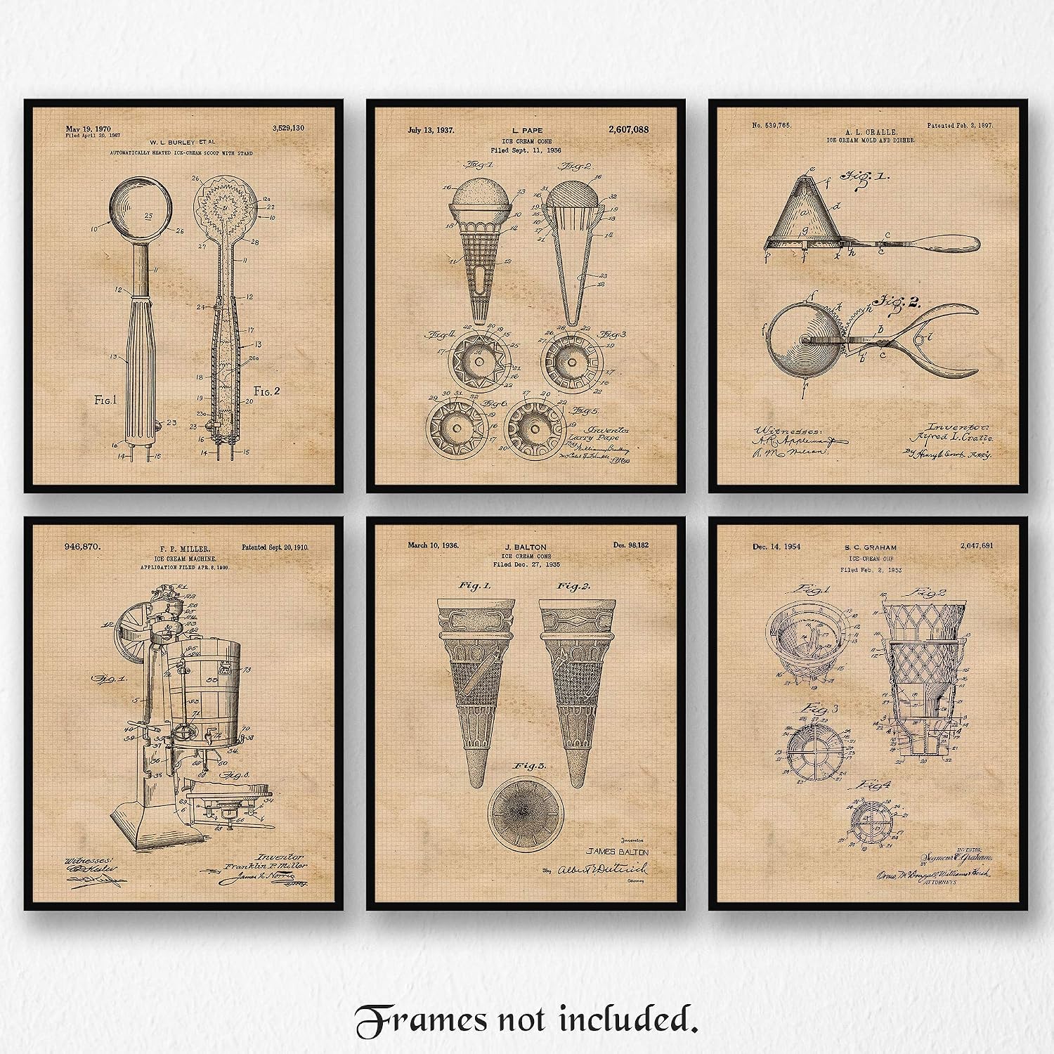 Classic Ice Cream Cones Tools Patent Prints, 6 (8x10) Unframed Photos, Wall Art Decor for Home Work Office Bar Diner Bistro Food Gourmet Culinary Shop School Student Teacher Coach Cook Chef Baker