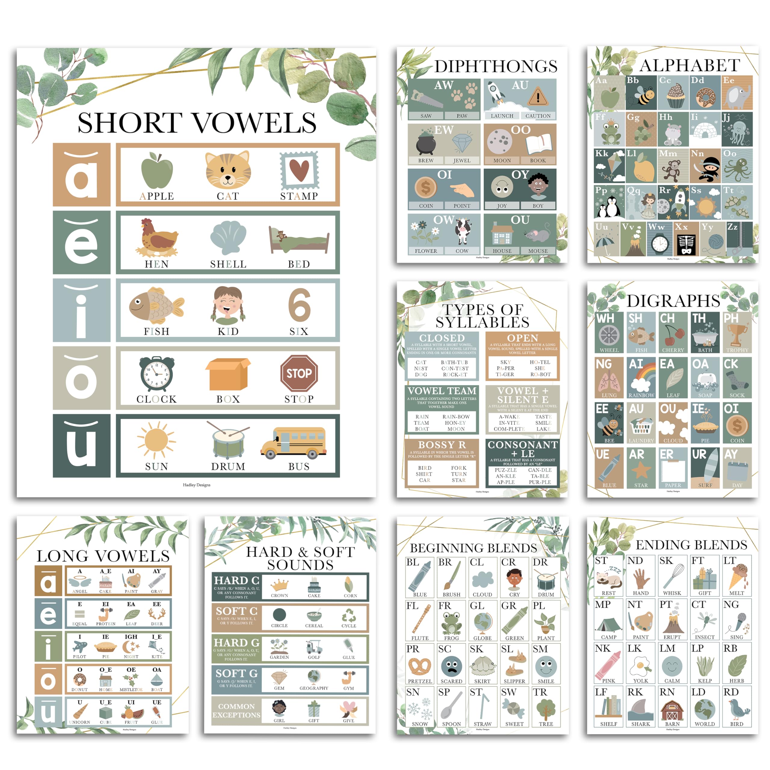 Hadley Designs 9 Sound Wall Classroom Phonics Posters - Covers Syllable Types, Vowels, Digraphs, and Blends - Durable, Compact for Classroom and Home Use - Greenery Theme