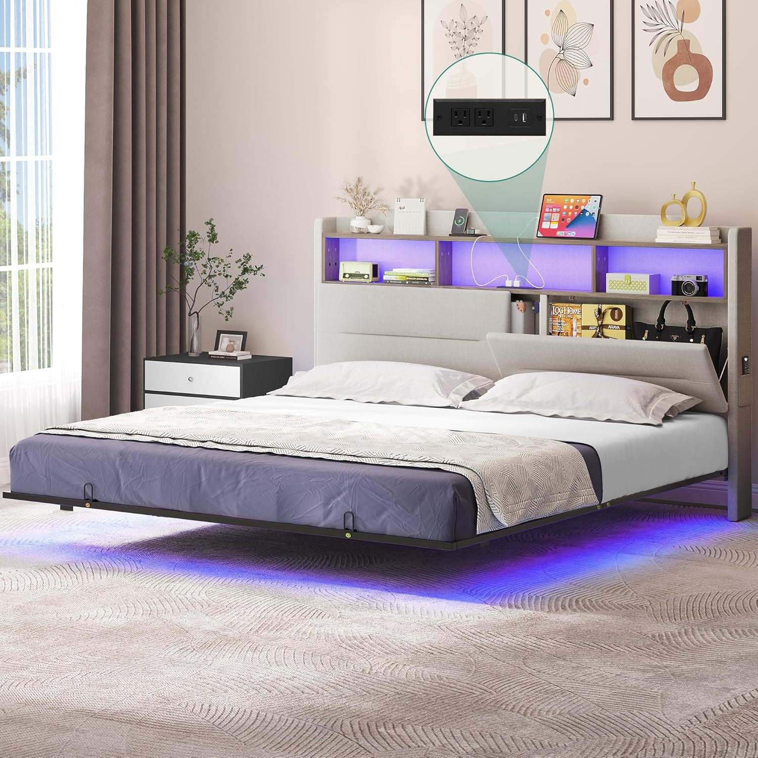 YITAHOME King Floating Bed Frame with Led & Hidden Storage