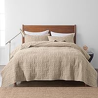 Vista 2 de Juegos de ropa de cama acolchados beige tamaño Queen con fundas de almohada, colcha cubrecama ligera y suave color crema tostado, manta acolchada