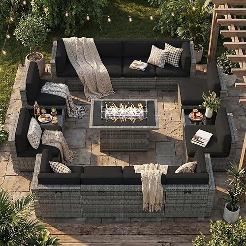 15 Pieces Patio Furniture Set with 44" Propane Gas Fire Pit Table, Outdoor Sectional Wicker Conversation Sofa Sets with Coffee Table