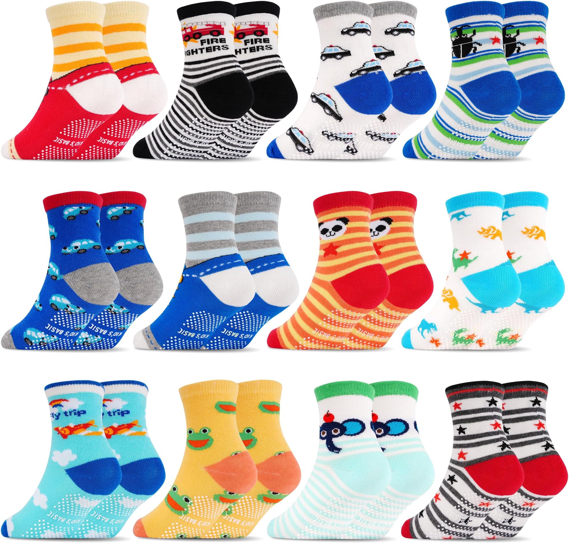 Toddlers Kids Non Slip Socks Grips Sticky Slippery Crew Socks for 1-7 Years Old 12 Pairs Children Boys Girls Socks