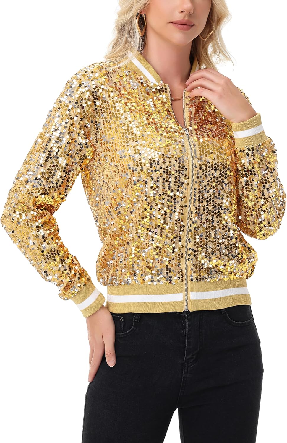 Anna-Kaci Women's Sparkly Sequin Jacket Long Sleeve Zipper Glitter Bomber Jacket Coat with Ribbed Stripe Cuff - Image 2