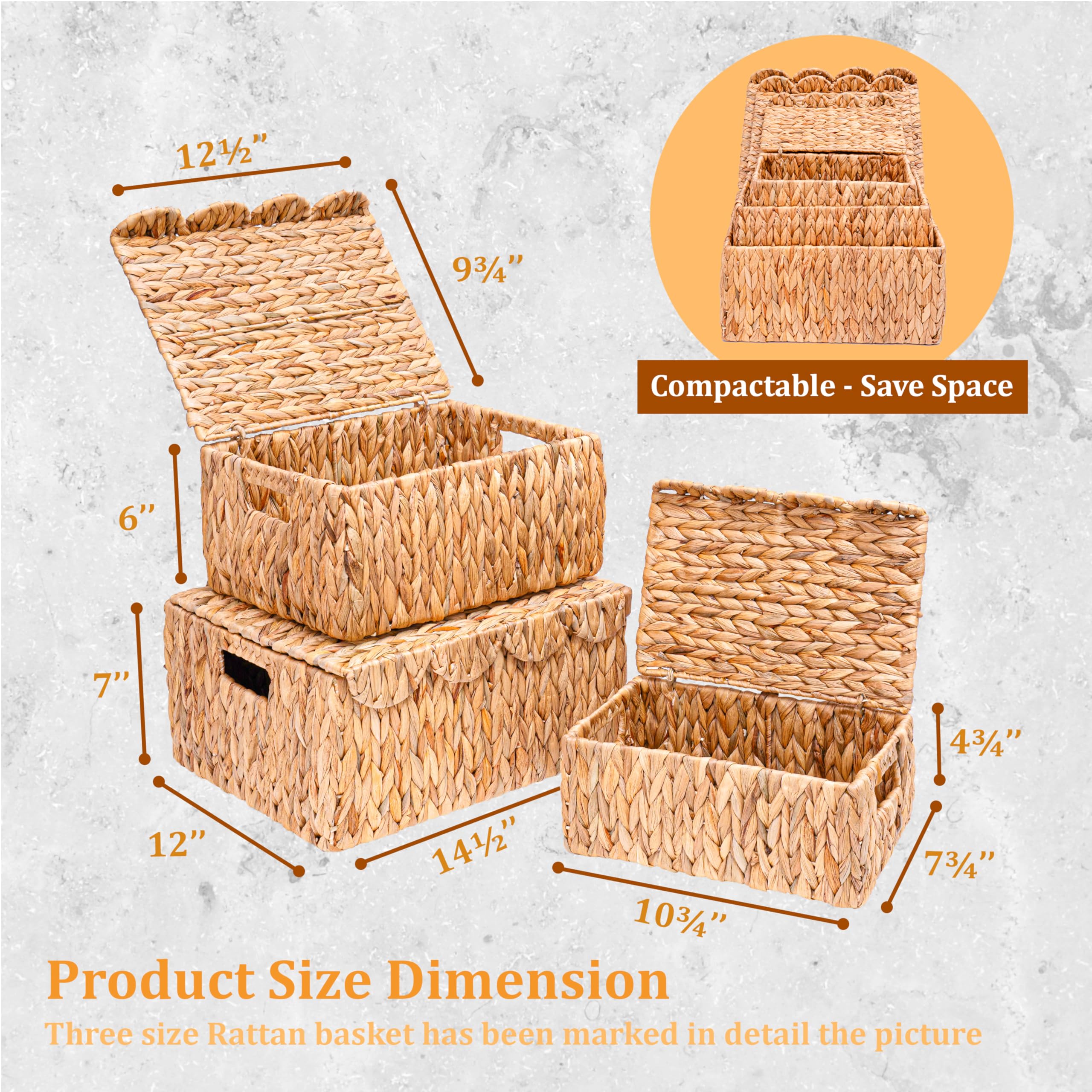 Juego de 3 cestas de mimbre con borde festoneado con tapa, cesta de almacenamiento de mimbre rectangular con asas integradas, organizador multiusos de ratán cajas de exhibición para estante 5