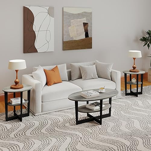 Miniatura 5 de Mesas de centro para sala de estar, juego de 3 piezas, mesa de centro redonda y mesas auxiliares con almacenamiento abierto de 2 niveles para