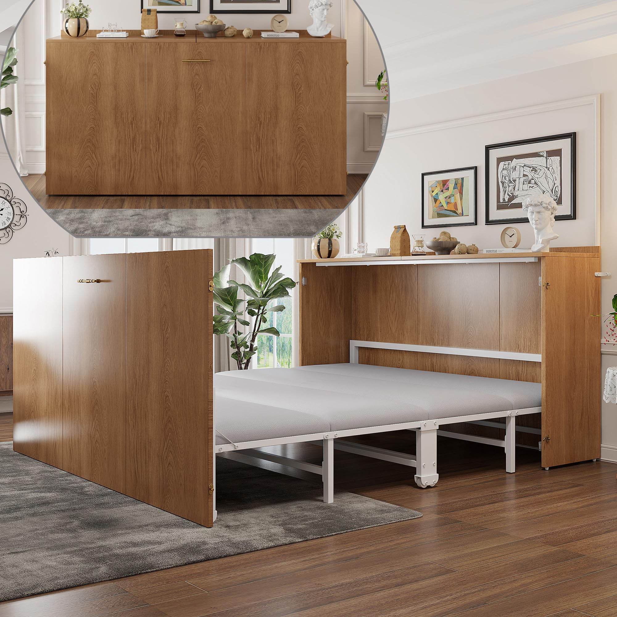 Schrankbett 140x200, Klappbares Doppelbett mit Matratze und Lattenrost, Wandbett Klappbett mit Schrank, Vertikal Schrankbett Gästebett Wandklappbett Murphy Bed Bettschrank mit Leisen Rollen,Holzfarbe
