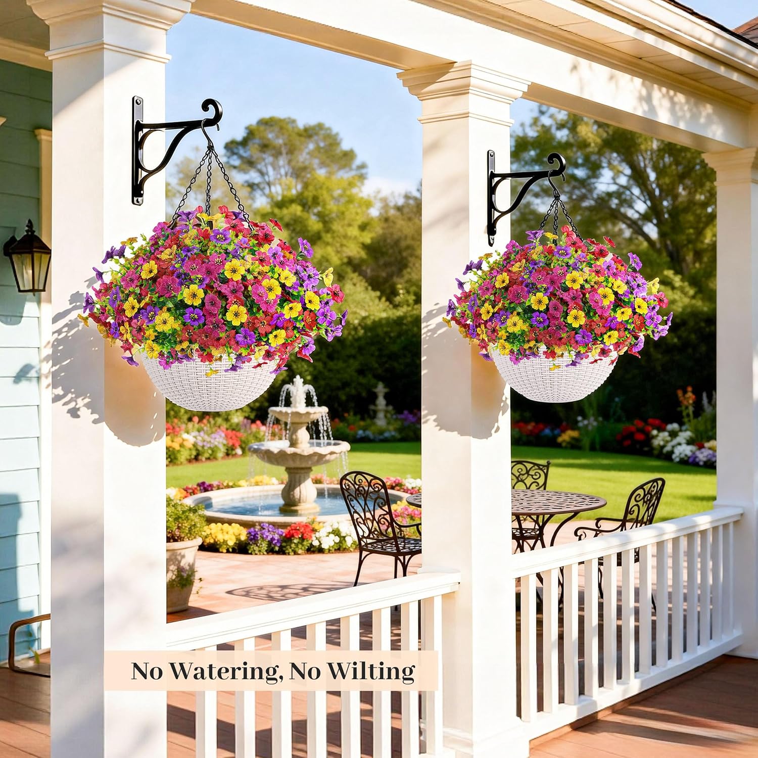 Der Rose 2 Pack Artificial Hanging Flowers Basket for Faux Plants Outdoor Spring Summer Decoration UV Resistant Fake Flowers for Patio Balcony Farmhouse Decor