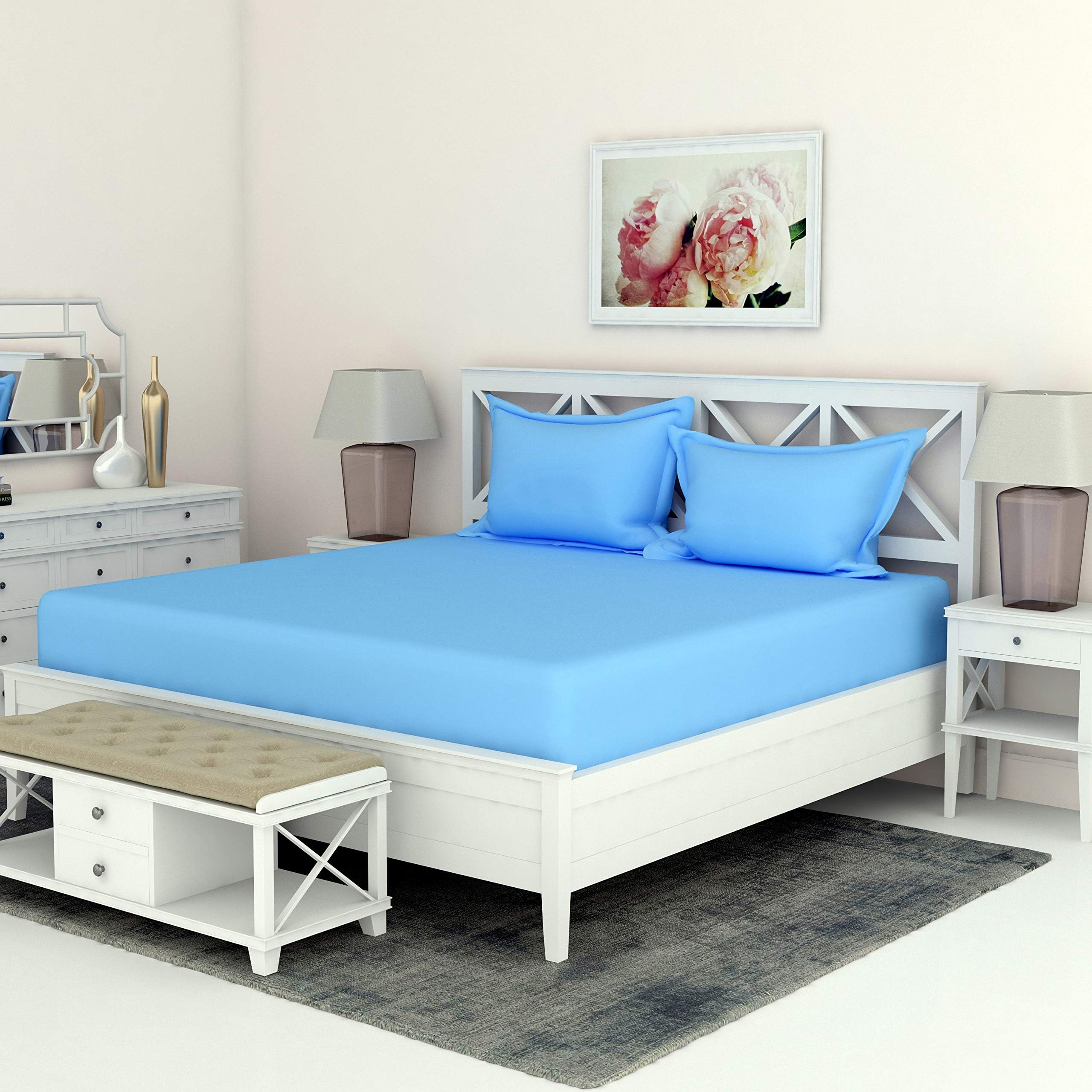 BEVI - Home 144 Tc Solid Premium Microfiber Double Bedsheet with 2 Pillow Cover- (Light Blue)