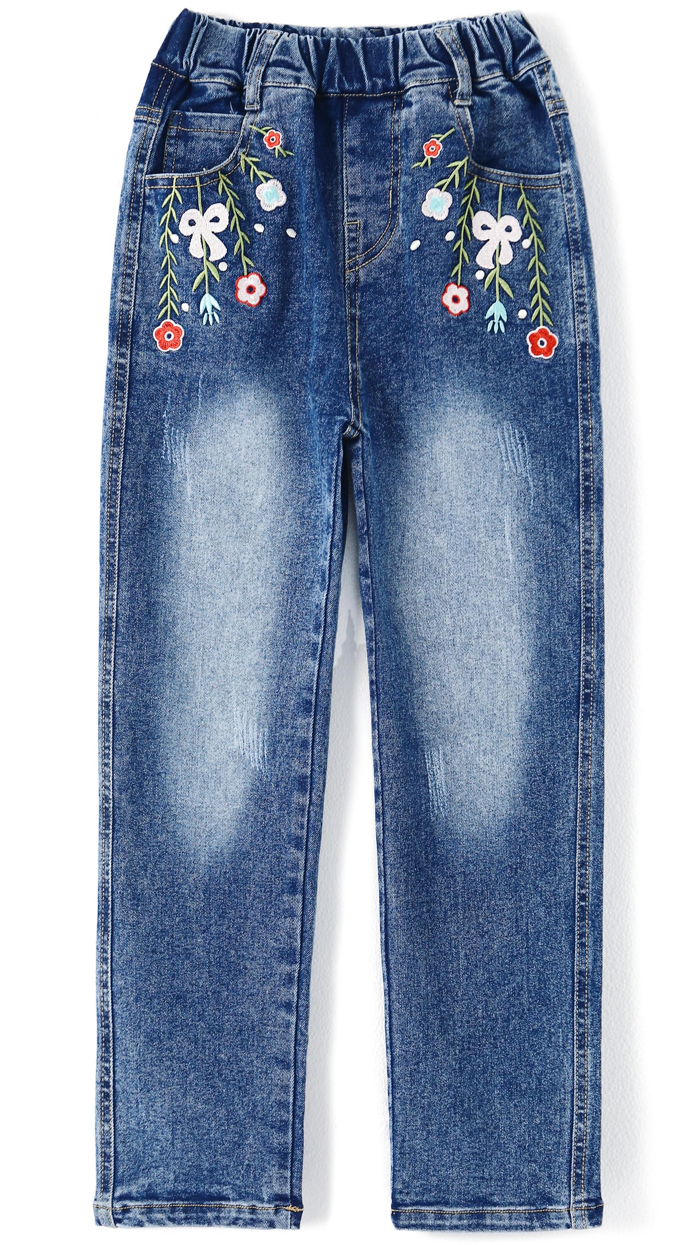 KIDSCOOL SPACE Girls Floral Embroidered Ripped Washed Elastic Waist Jeans,Flower and Bowknot,Blue,11-12 Years