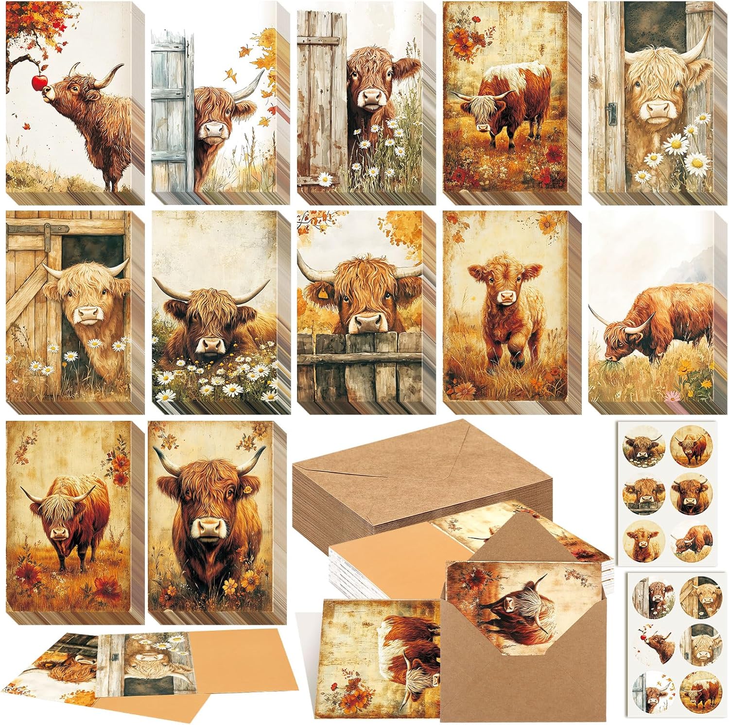 Motiskyy 72 Pack Vinatge Highland Cow Greeting Cards Bulk with 72 Pack Retro Rustic Envelopes 72 Pcs Farmhouse Stickers, 4 x 6 Inch Blank Inside Postcards for Baby Shower DIY Card Paper Gift