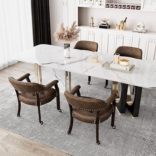 Miniatura 6 de Juego de 8 sillas de cuero de comedor con ruedas y brazos, sillas de mesa de cocina con ruedas, sillas de mesa de póquer con ruedas, capitanes de