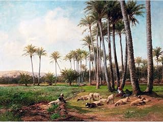 Bates Oasis Desert Sheep Lamb Palm Trees Painting Large Print Poster Wall Art Decor Picture