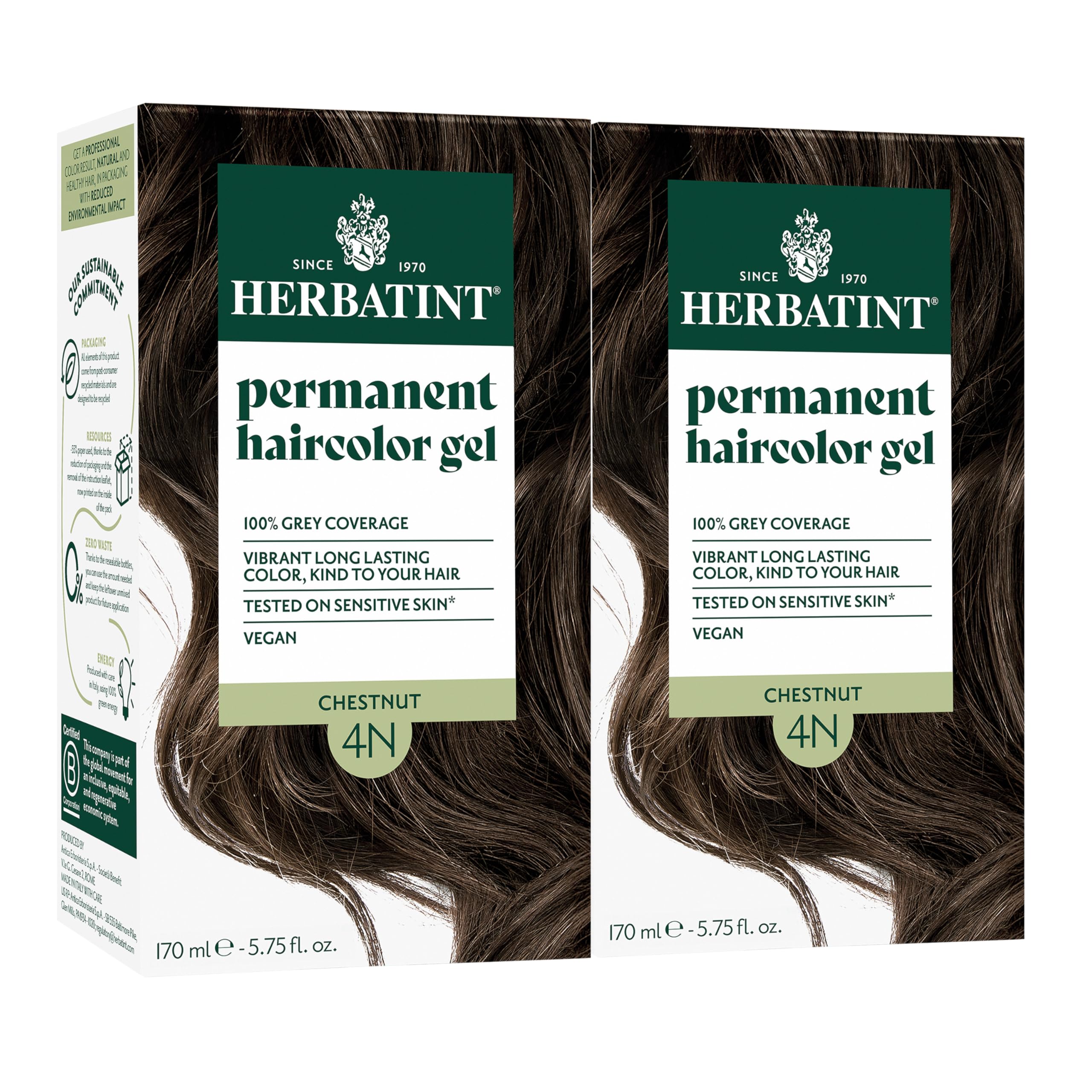 Permanent Hair Dye - 4N Chestnut - For Up To 100% Gray Coverage of Resistant Gray Hair - Ammonia-Free, Alcohol-Free & Vegan - Salon Influenced Hair color 5.75 fl oz (2 Pack)