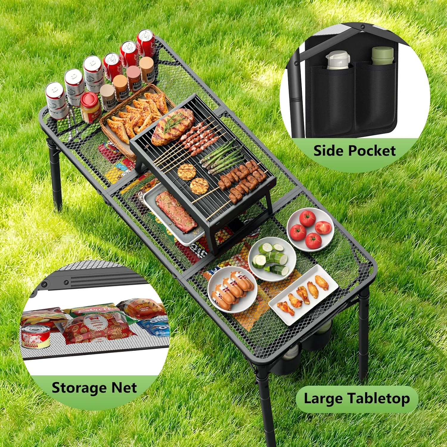 Tri-fold Camping Table, 3 Heights Adjustable Grill Table with Storage Bag, Aluminum Frame Folding Tables, Portable Handle for Outdoor Camping Picnic Cooking BBQ, 35.43"x15.75", Black