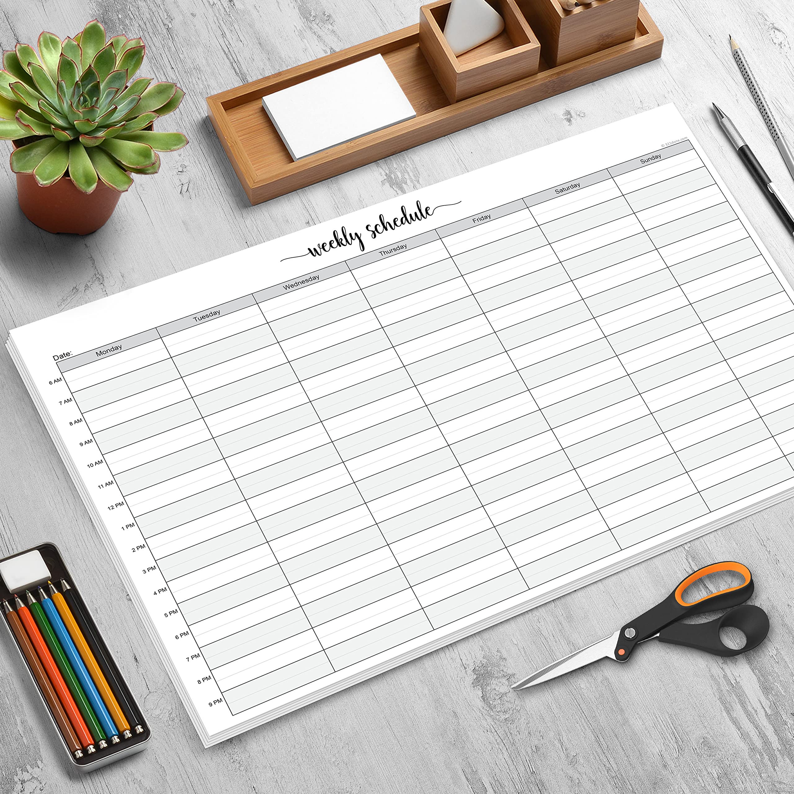 321Done Bloc de notas de planificación semanal – 50 hojas (11 x 17) – Planificador semanal de productividad de citas por hora, bloc de notas arrancables – Bonito texto simple tamaño extra grande –