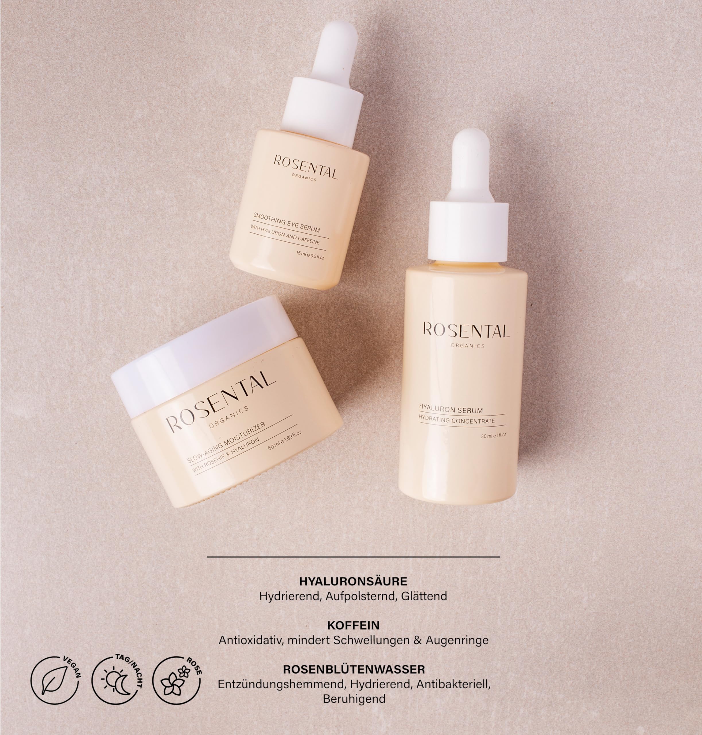 ROSENTAL ORGANICS Slow Aging Set Anti-Aging Pflege Hyaluronsäure Rosehip Öl Serum Augenpflege Feuchtigkeitscreme