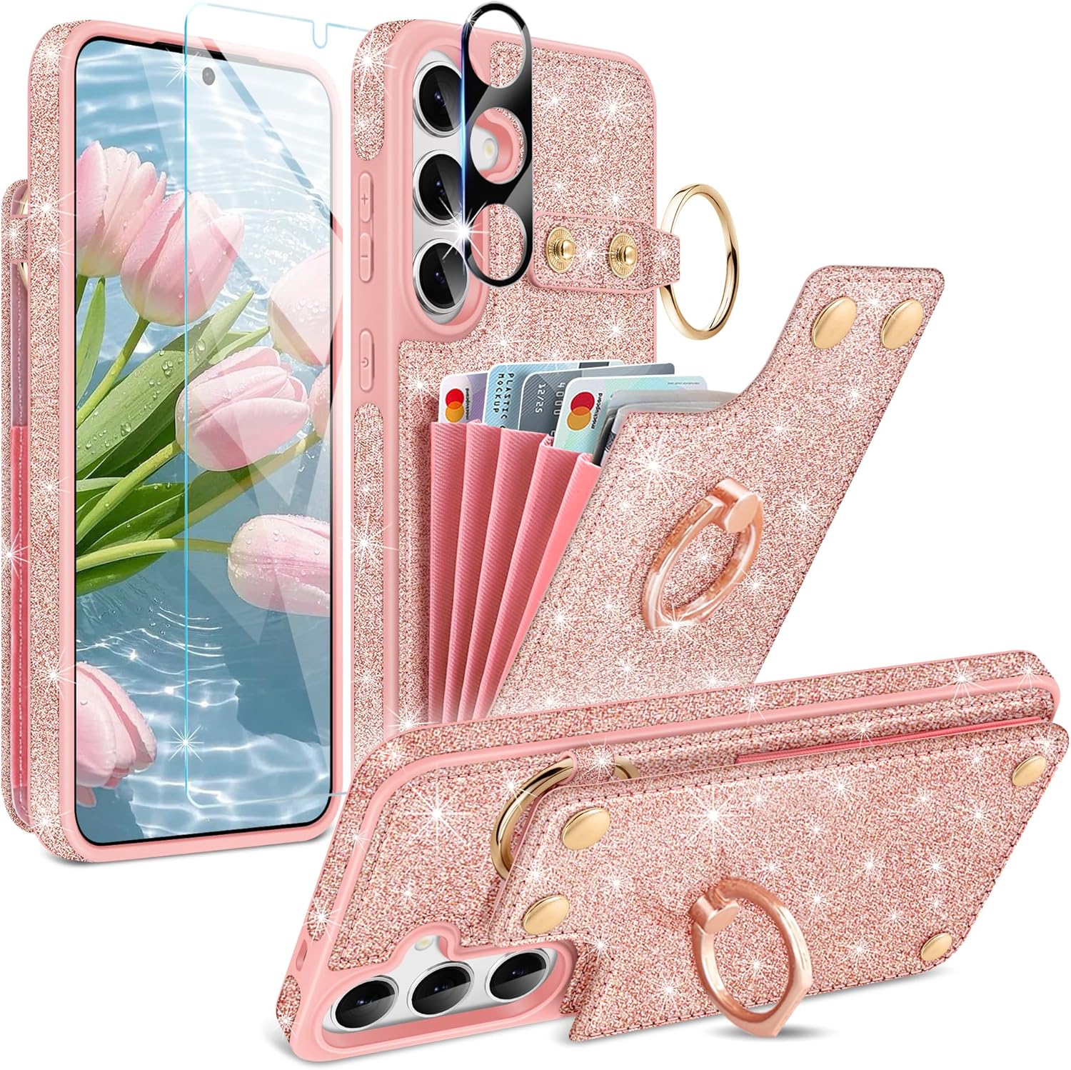 Fingic for Samsung Galaxy S24 Case Wallet[1*Screen Protector+1*Camera Protector][360°Ring Holder][5 Card Holder]Glitter Sparkle Kickstand RFID Blocking Protective Case forSamsung Galaxy S24,Rose Gold