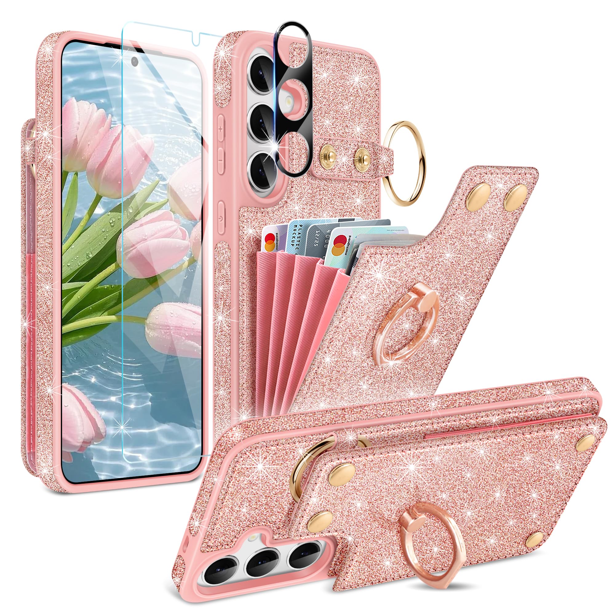 Fingic for Samsung Galaxy S24 Case Wallet[1*Screen Protector+1*Camera Protector][360°Ring Holder][5 Card Holder]Glitter Sparkle Kickstand RFID