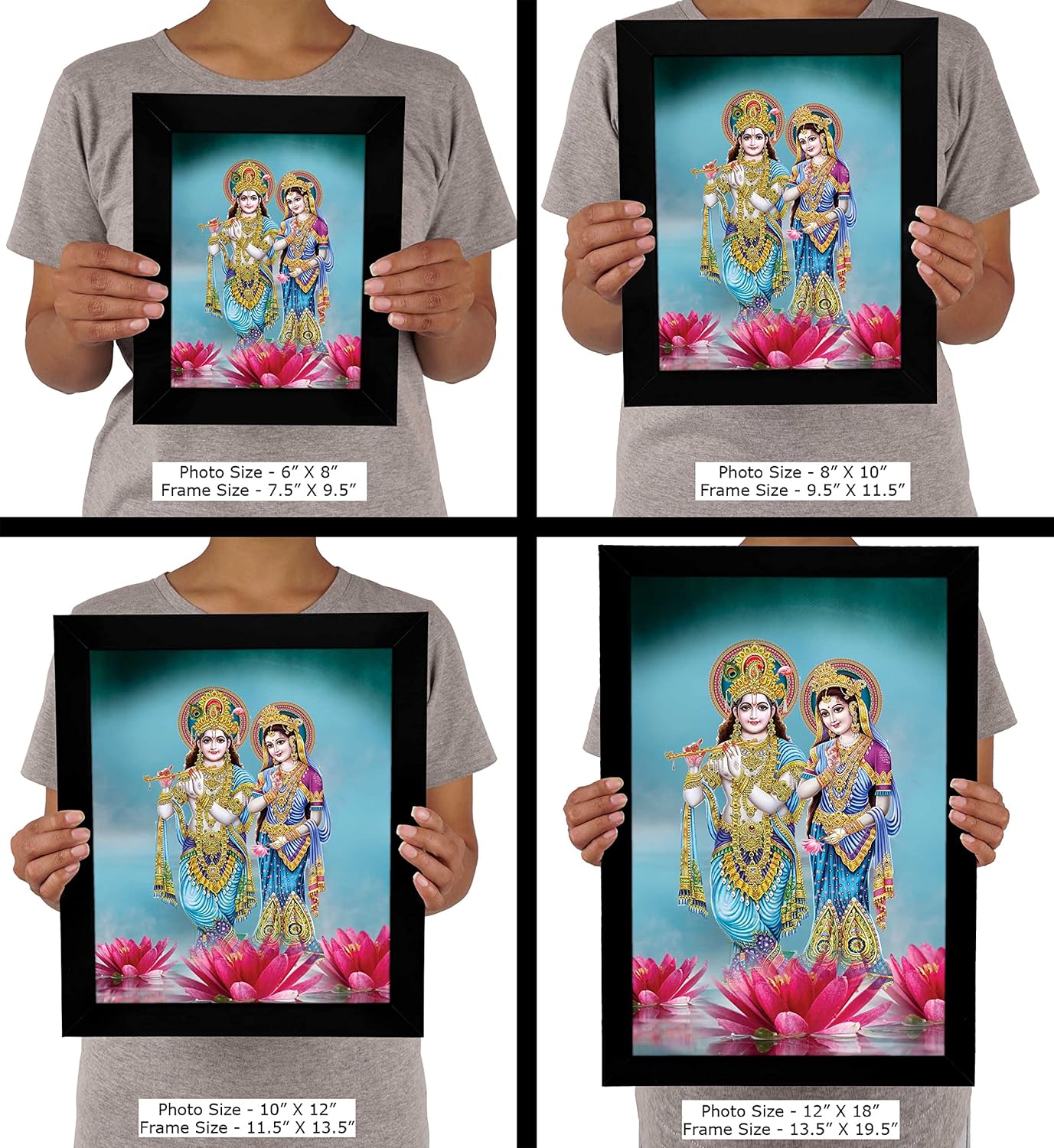 Lord Krishna & Radha On Lotus Decorative Religious Poster With Frame Auspicious Hindu God Photo Frame For Gift Purpose-12 x 18 Inches