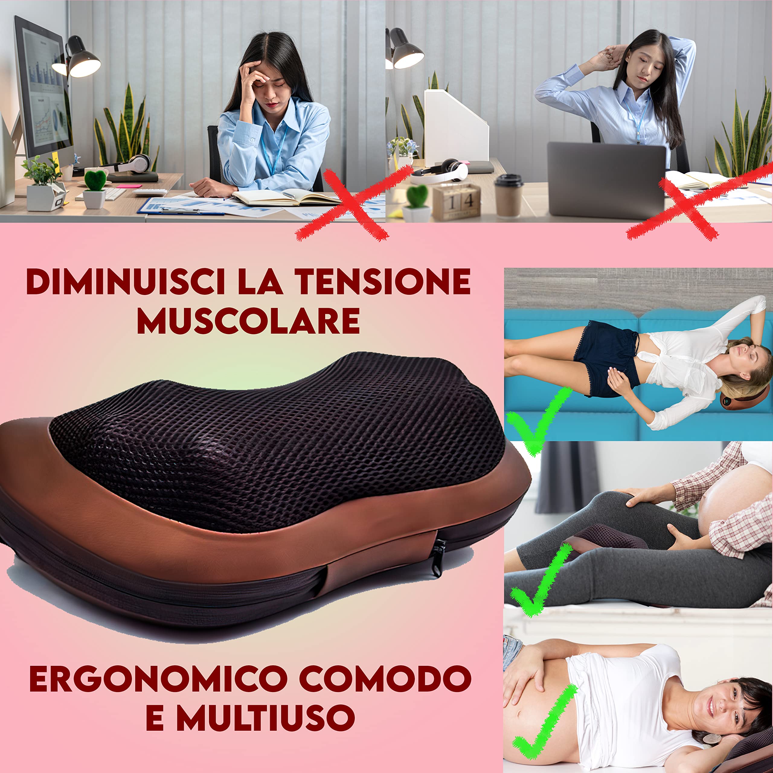 Cuscino Massaggiante Shiatsu, Massaggiatore per Cervicale Collo Gambe con Testine Rotanti al Calore, Allevia Stress e Dolore, Adatto per Ogni Schienale