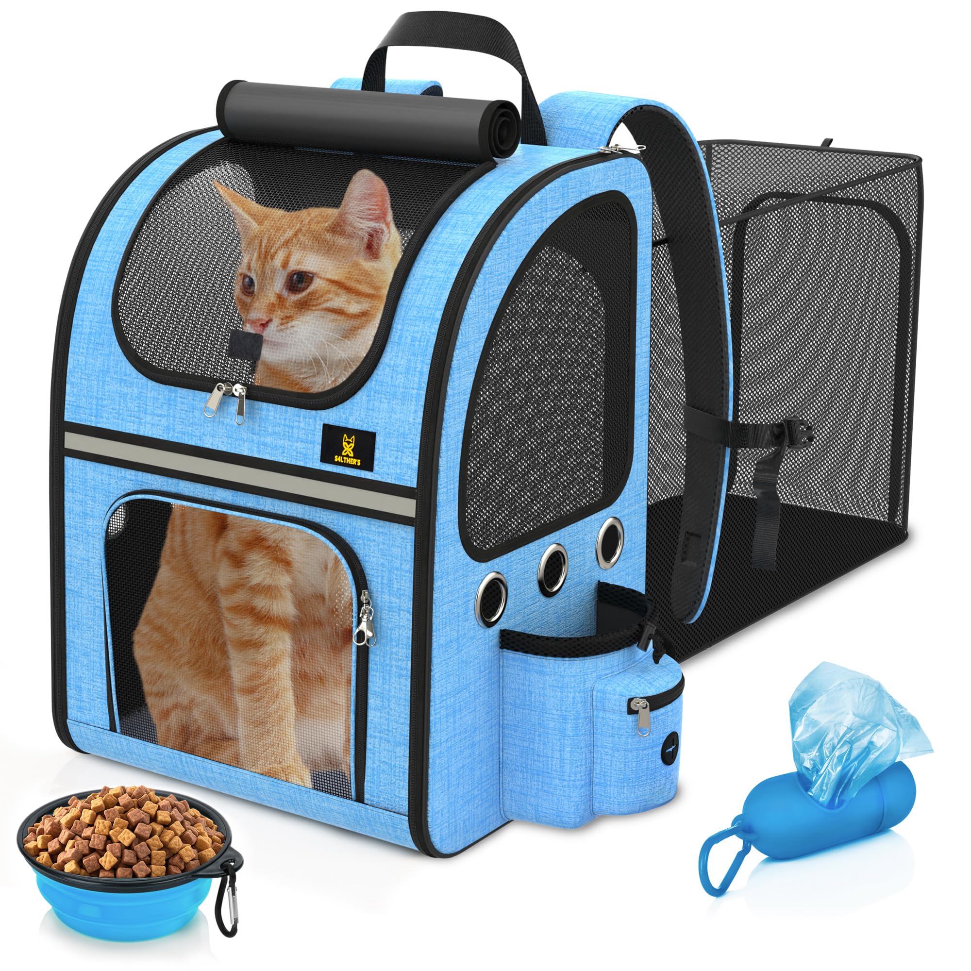 S4LTHER'S Mochila Gato - Mochila para Gatos Expandible - Mochila para Perros con Bebedero y Arnés Peso Maximo 8 kg - Mochila Gatos Transporte Expansible con Correa - Trasportines Gato - Mochila Perro