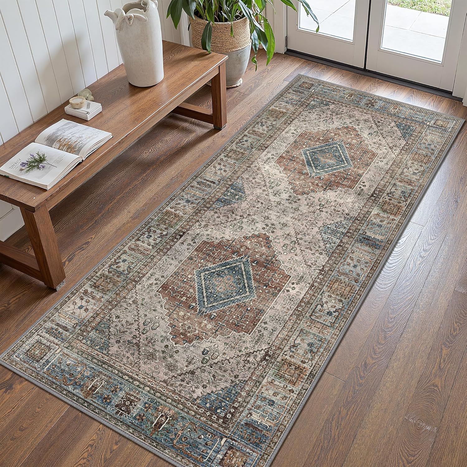 GENIMO Runner Rug for Hallways Machine Washable, 2x8 Non Slip Boho Vintage Lightweight Washable Runners, Thin Floor Rugs for Entryway Hallway Bathroom Laundry Room Corridor, Taupe Brown