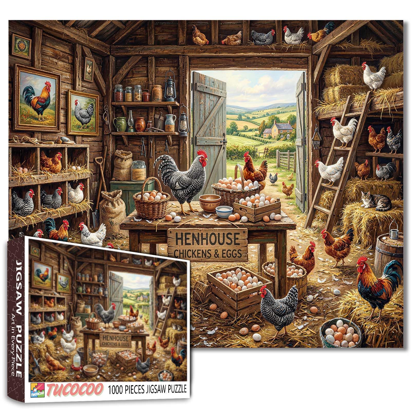 Chickens Puzzle Eggs Roosters and Wooden Crates Jigsaw Henhouse Country Scene 1000 Pieces for Adults Beginner Challenging Family Activity Games DIY Crafts for Home Decor Gifts โ image 1