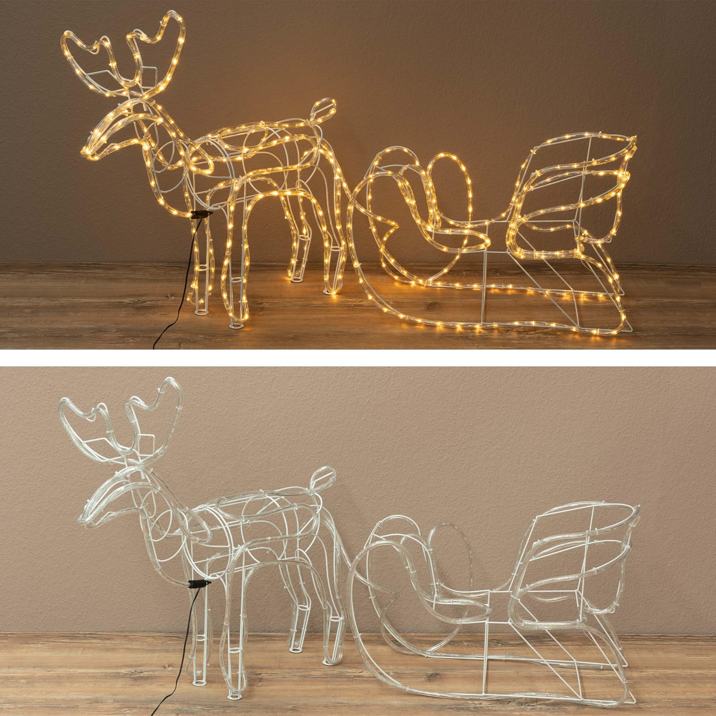 Rentier mit Schlitten aus 14 m Lichterschlauch 504 LED warmweiß kaltweiß mit 8 Funktionen Figur Weihnachtsbeleuchtung 140 cm Länge Leuchtfigur Xmas-Deko (warm weiß)