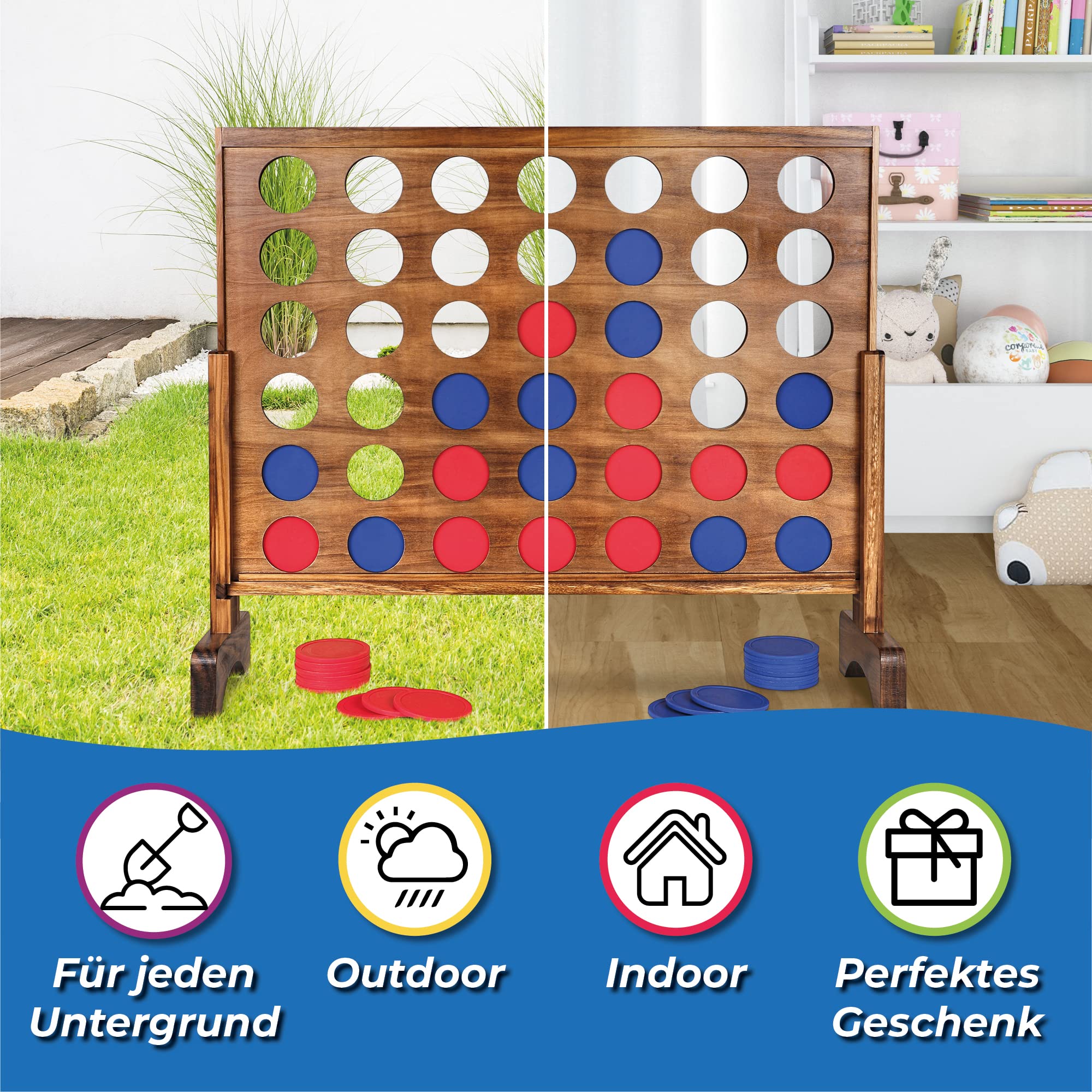 Toyfel Vier Gewinnt Spiel XXL Holzspielzeug aus FSC® Holz Indoor & Outdoor | Groß Spielklassiker Premium Gesellschaftsspiel für Erwachsene & Kinder ab 4 Jahren Spiele Strategiespiel Familienspiel Ace