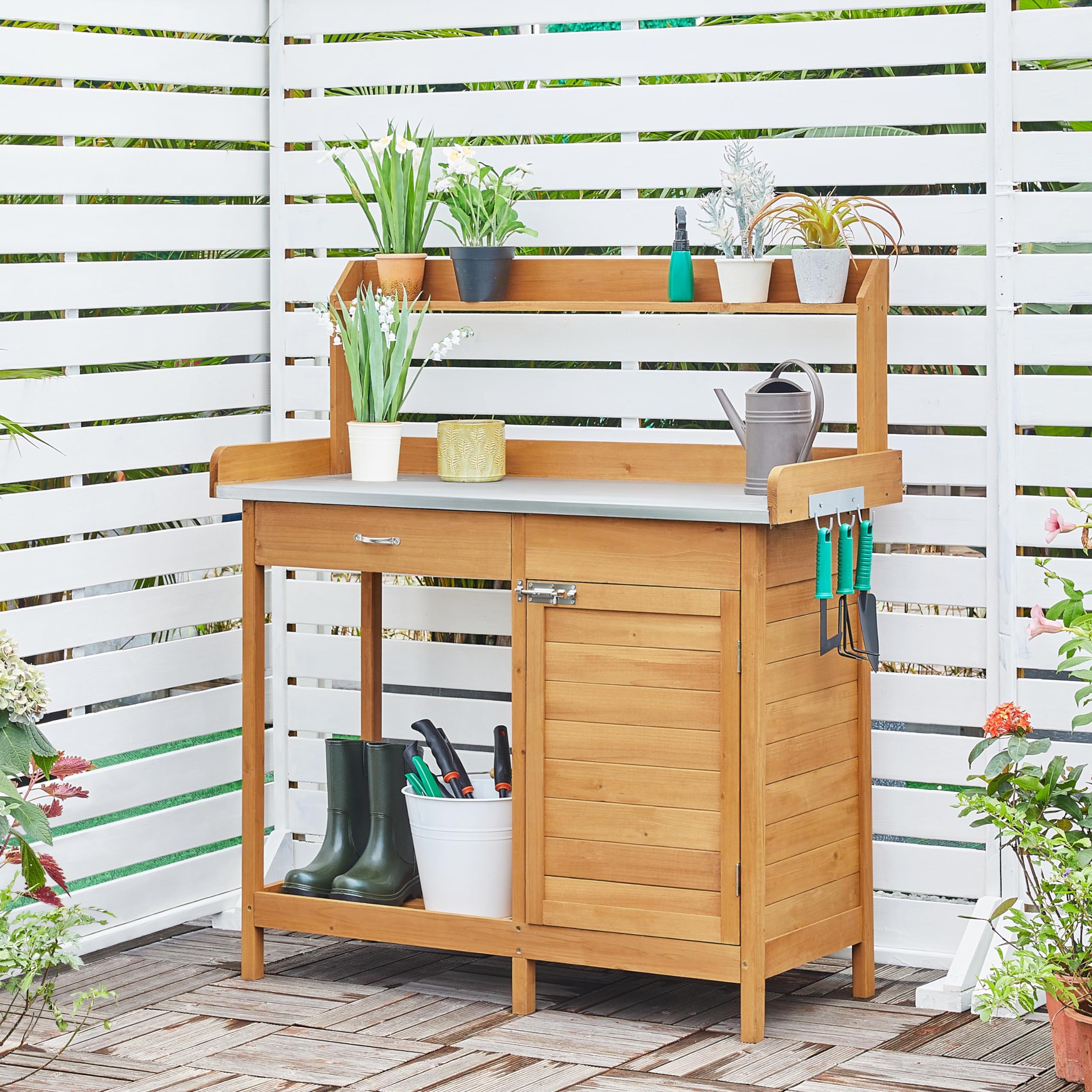 Yaheetech Pflanztisch mit Schubladen & Unterschrank, Blumentisch, Outdoor Gärtnertisch Holzpflanztisch mit verzinkt Arbeitsplatte, Gartenarbeitstisch Wetterfest, 112 x 46,5 x 125 cm, Holzfarbe