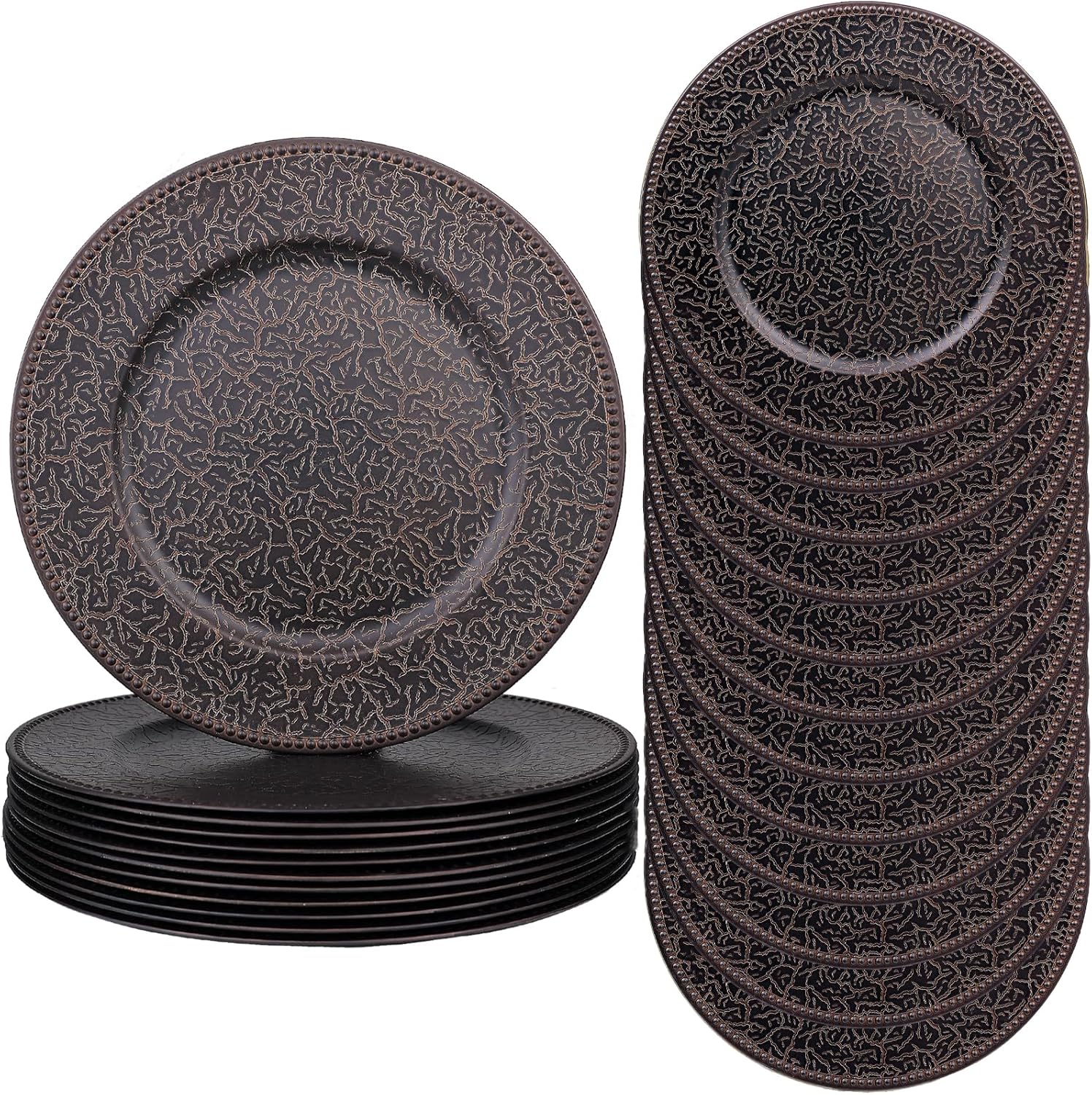 Brown Chargers for Dinner Plates with Beaded, Set of 12 Plastic Bulk Wedding Charger Plates for Thanksgiving, Christmas, Holiday Party Table Setting.
