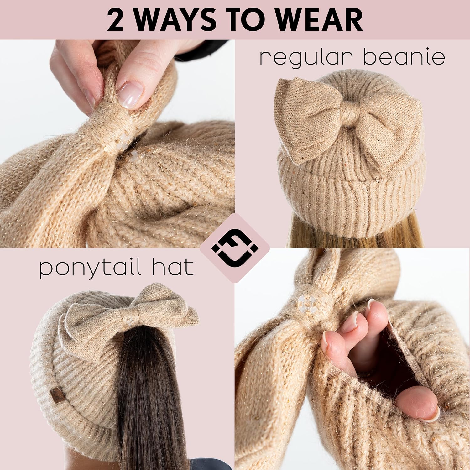 Funky Junque Ponytail Beanie Hat with Sequin Bow - Warm Stretchy Winter Cap for Women - Winter Neutrals, Pastel Hues image 2