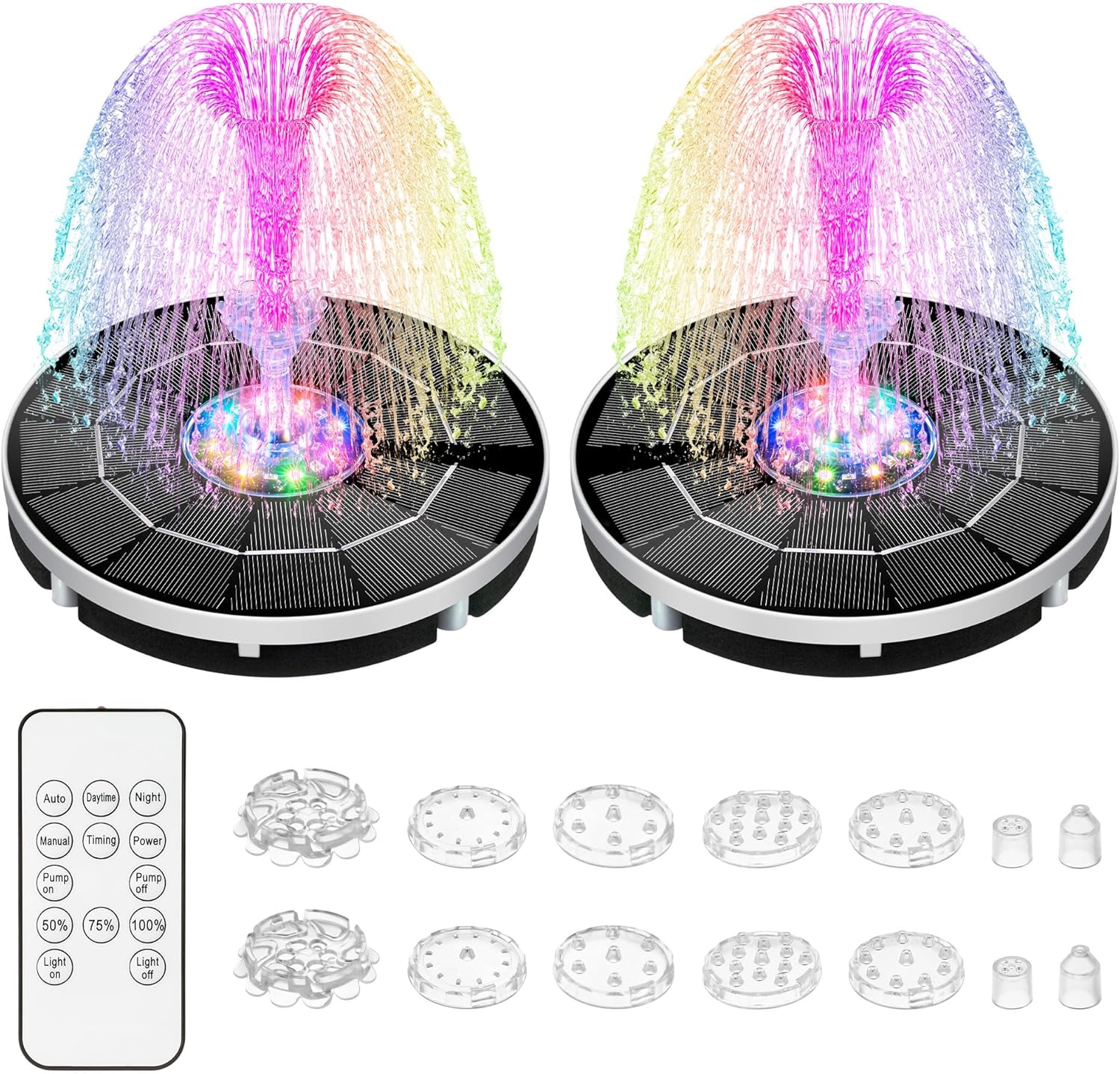 2 Pack Solar Power Bird Bath Fountain Pump with Remote, 3.5W LED Colorful Light and 2200mAh Battery Birdbath Solar Power, Floating Water Fountain Pump for Pond, Garden, Fish Tank