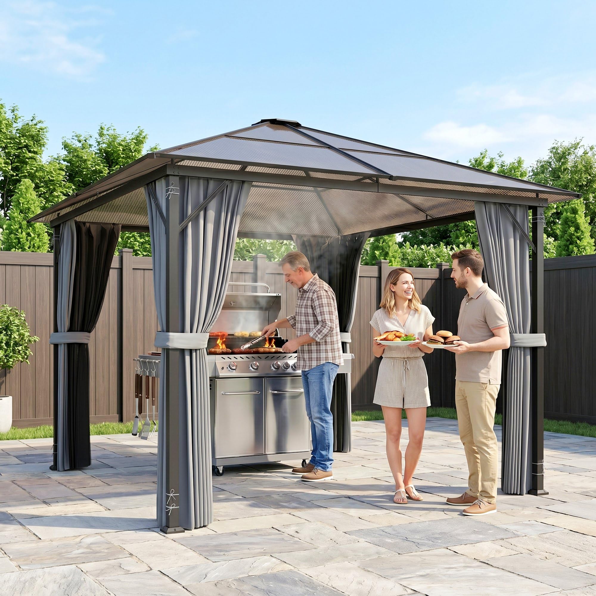 Outsunny Pavillon 3 x 3m Pavillon de Jardin Tente de réception avec Parties latérales PC Toit Alu Gris foncé