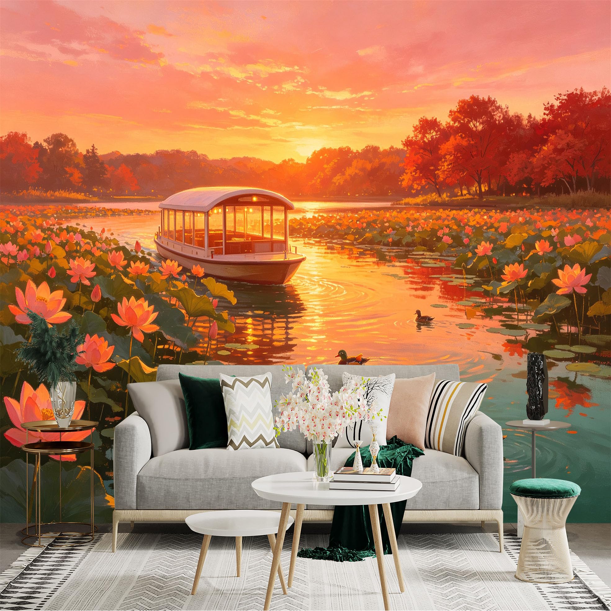 Custom Size Wall Sticker Mural， Sunset Over Lotus Pond， Scenic Boat and Swimming Ducks， Peaceful Nature Landscape， for wall Decoration， peelandstick wall Decals.
