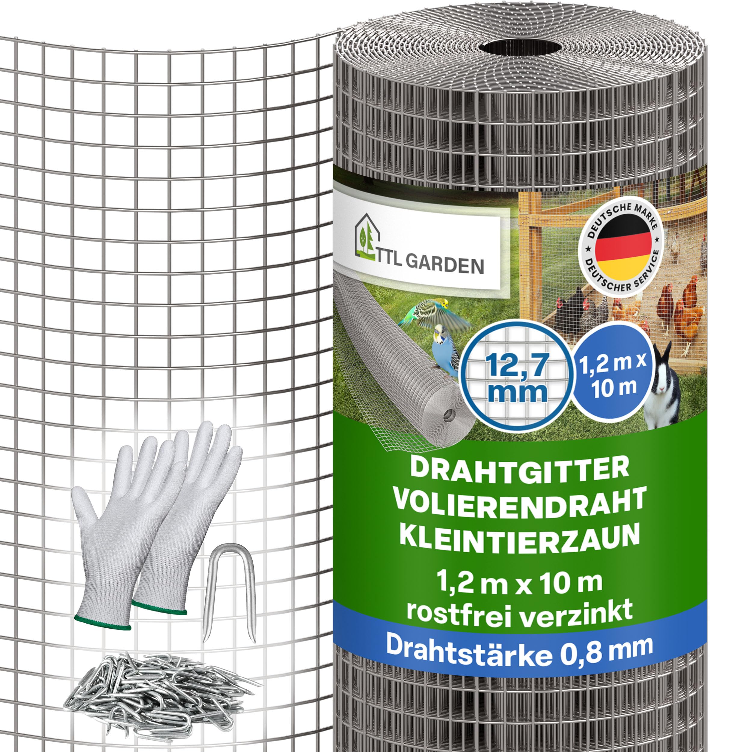 TTL GARDEN 1,2x10m Drahtgitter 12,7mm Masche 0,80mm Draht auf Rolle - feinmaschig rostfrei verzinkt Stärke 12,7 mm Maschenweite Volierendraht Maschendraht Hasendraht Wühlmausgitter 10m x 1,2m breit