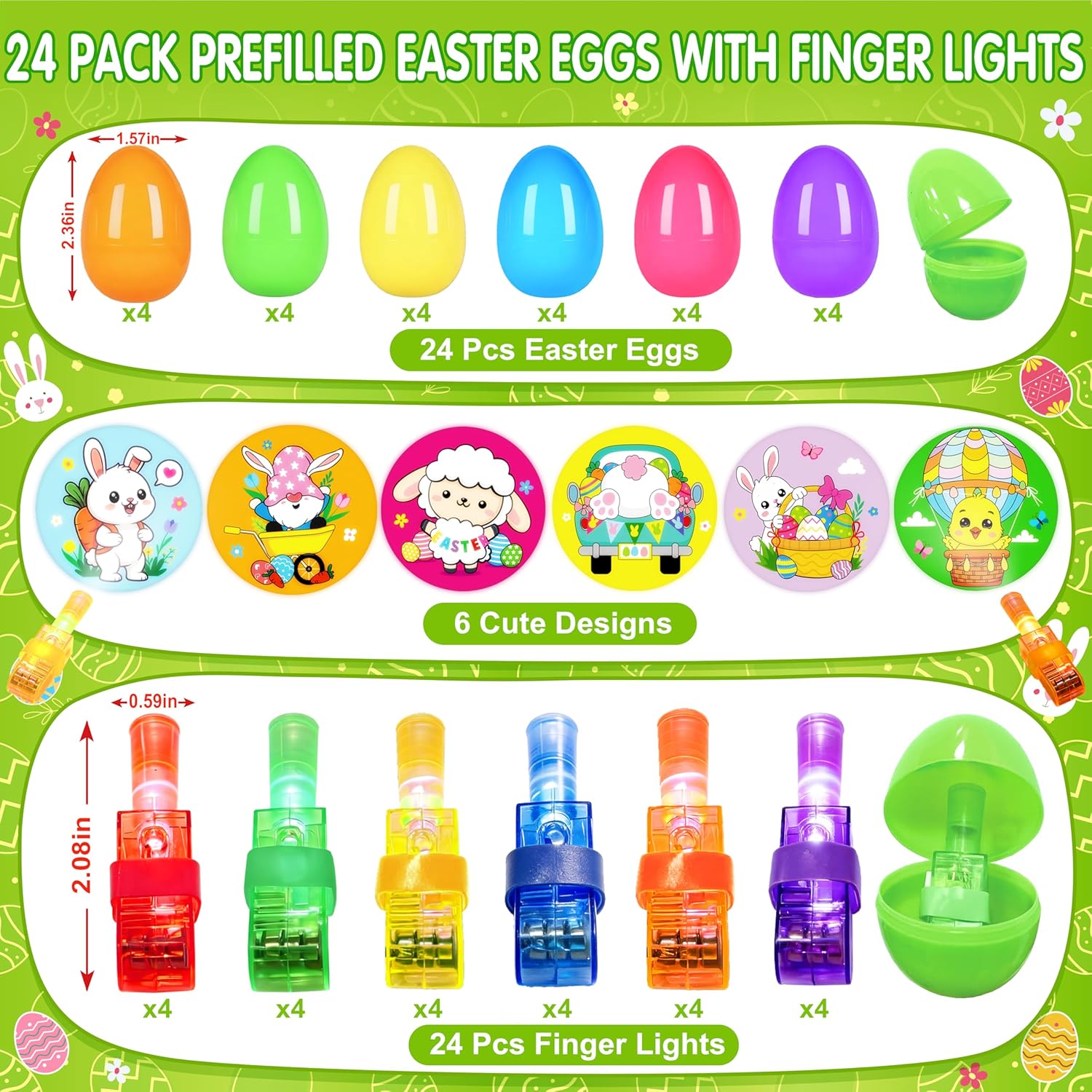 24 Pack Prefilled Easter Eggs with Animal Finger Lights, Easter Egg Stuffers for Kids, Glow in the Dark Easter Eggs, Party Favor Toy Gifts for Boy Girl, Classroom Rewards