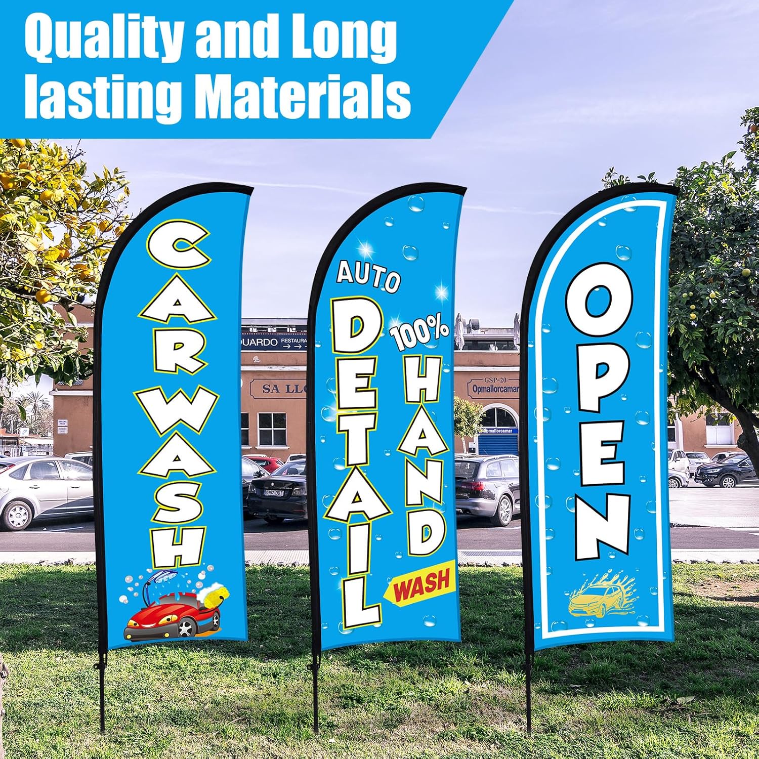 Buryeah 3 Sets Car Wash Sign Feather Flag Banner for Business Advertising 7 ft Open Car Wash Feather Flag Sign with Flagpole Ground Stake Portable Bag Carwash Signs Banner Set for Outdoor Ground(Blue)