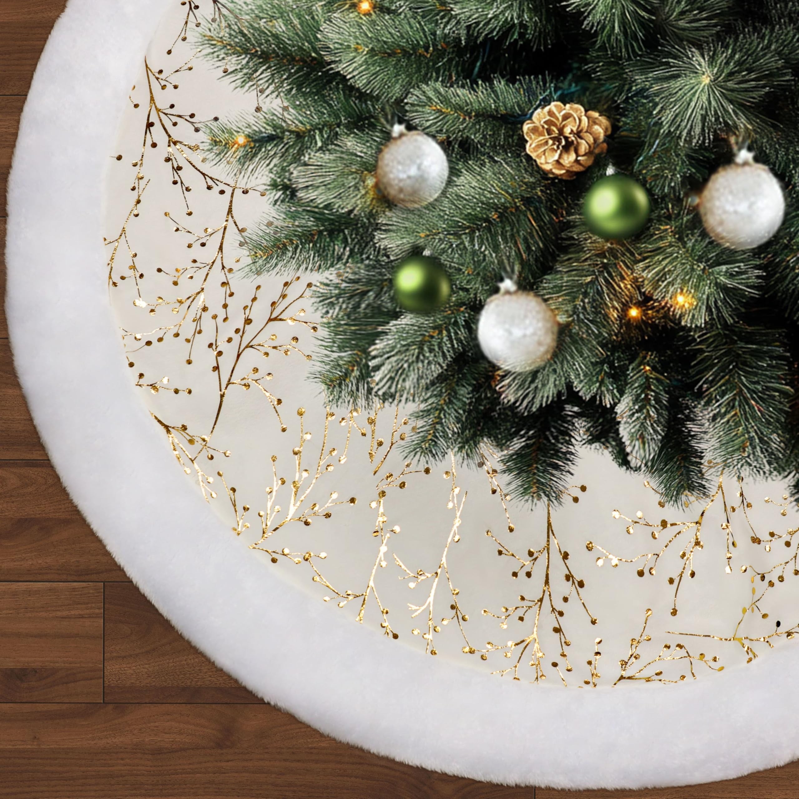 Jupe de sapin de Noël de 150 cm - Blanc et doré - Fausse fourrure - Ronde - Épaisse - En velours - Pour décoration de sapin de Noël