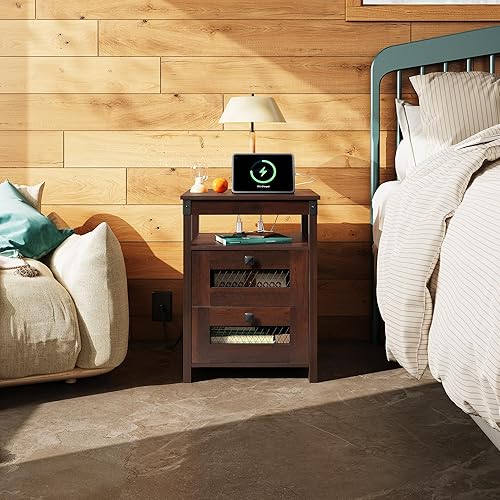 Miniatura 2 de WLIVE Mesita de noche con estación de carga, mesa auxiliar de granja con 2 cajones de almacenamiento y estante abierto, mesitas de noche rústicas de